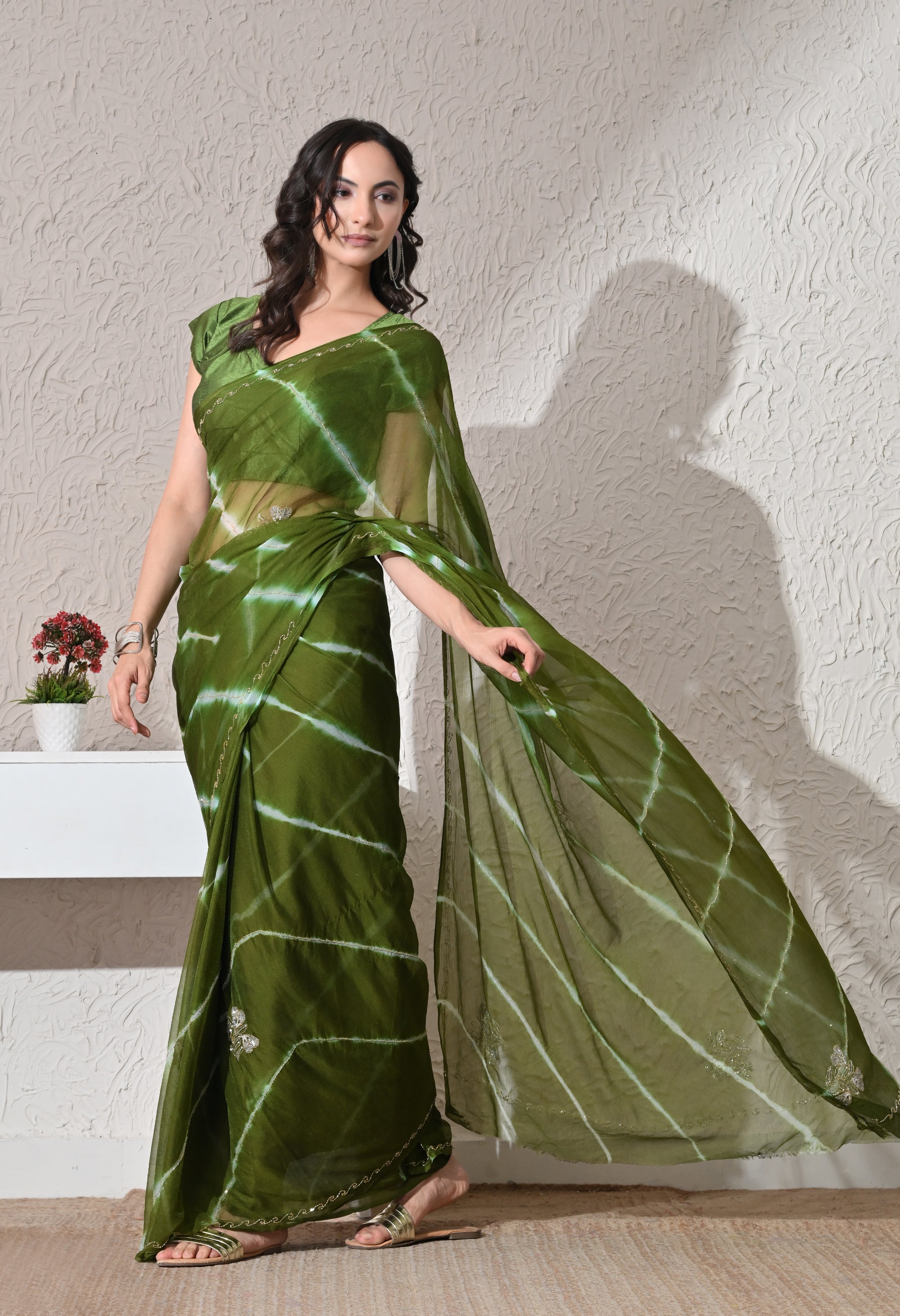 Olive Meadow Italian Chiffon Handcrafted Saree