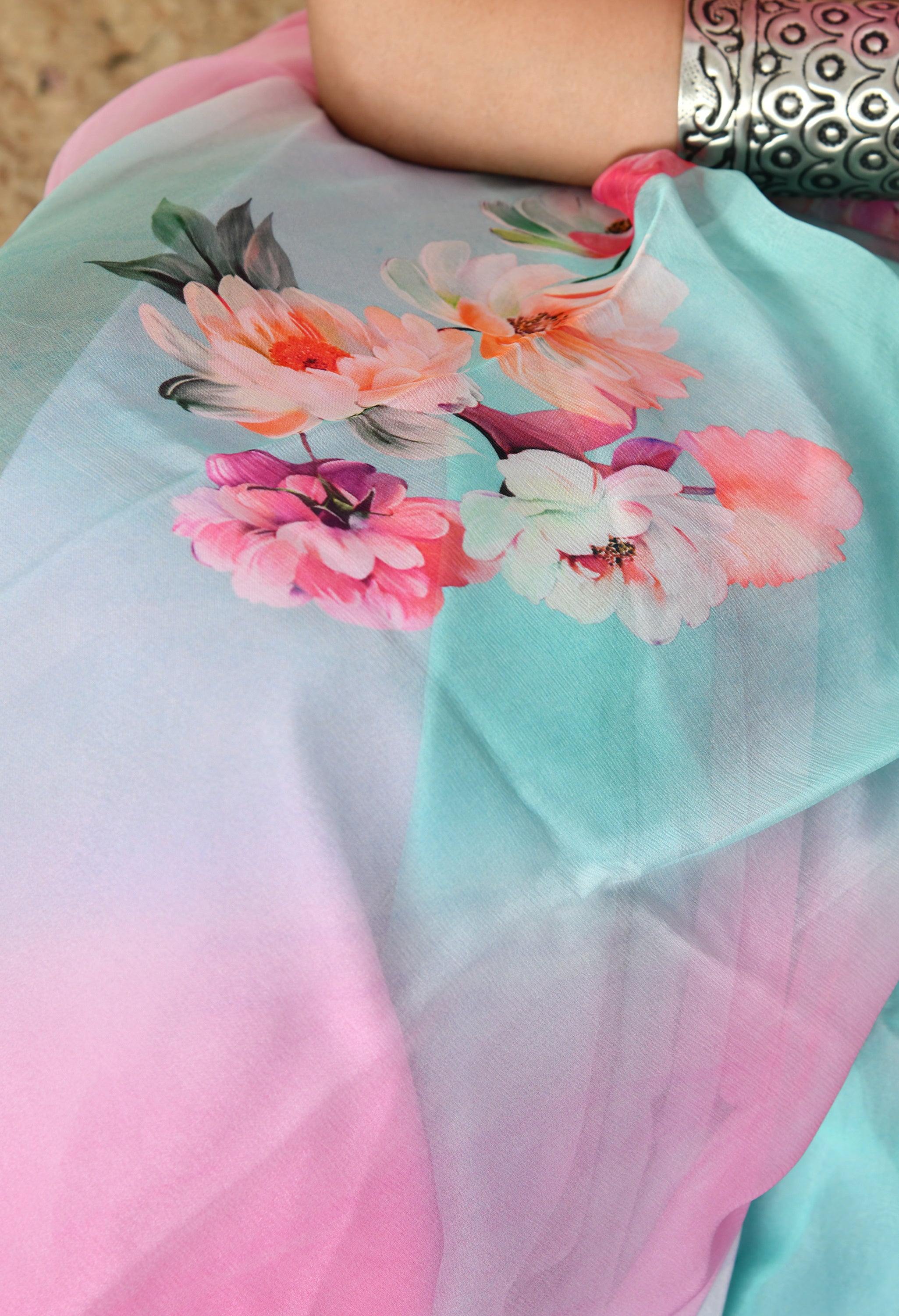 Icey Blue Printed Pure Chiffon Saree