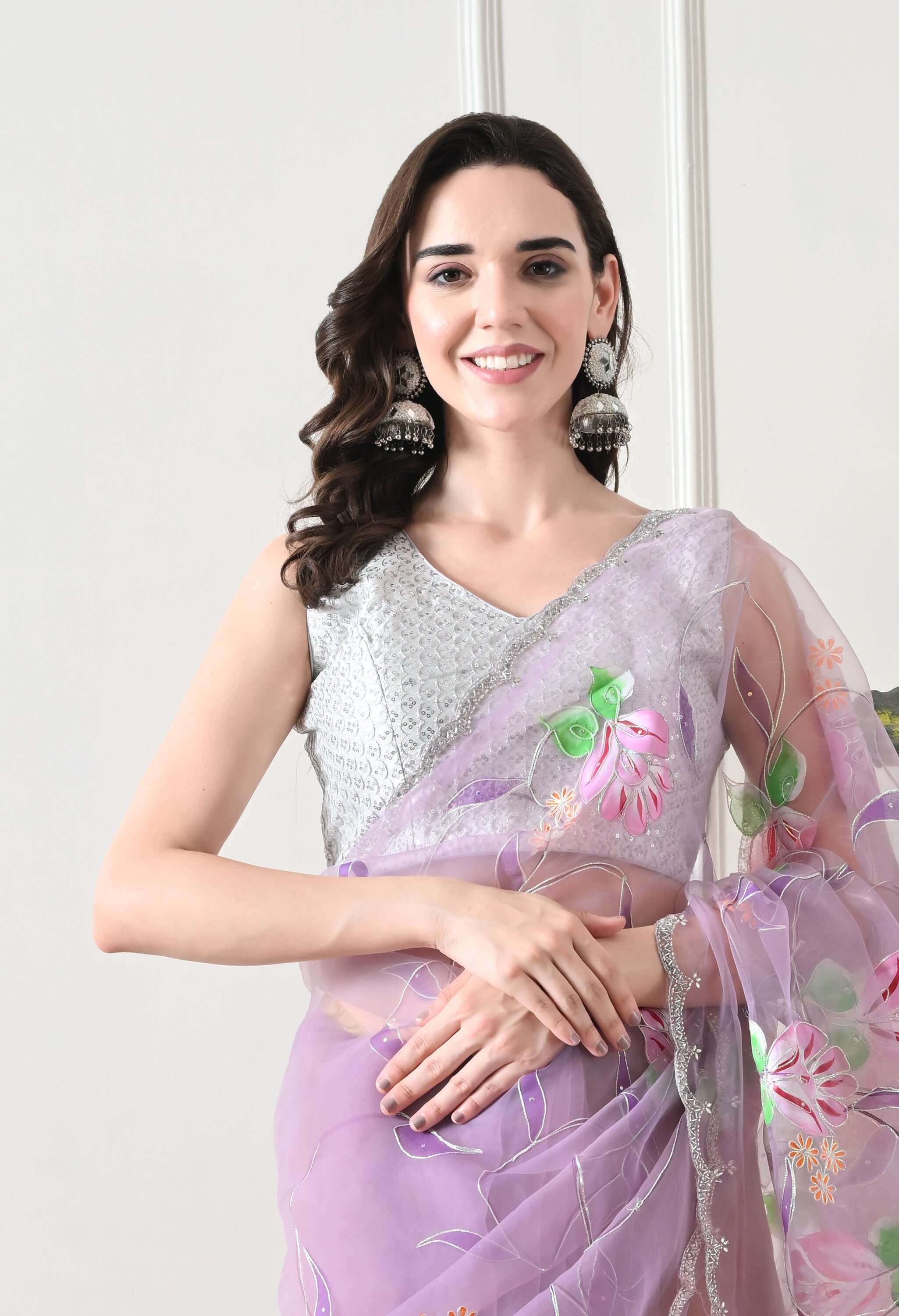 Hand Printed Lavender Organza Saree