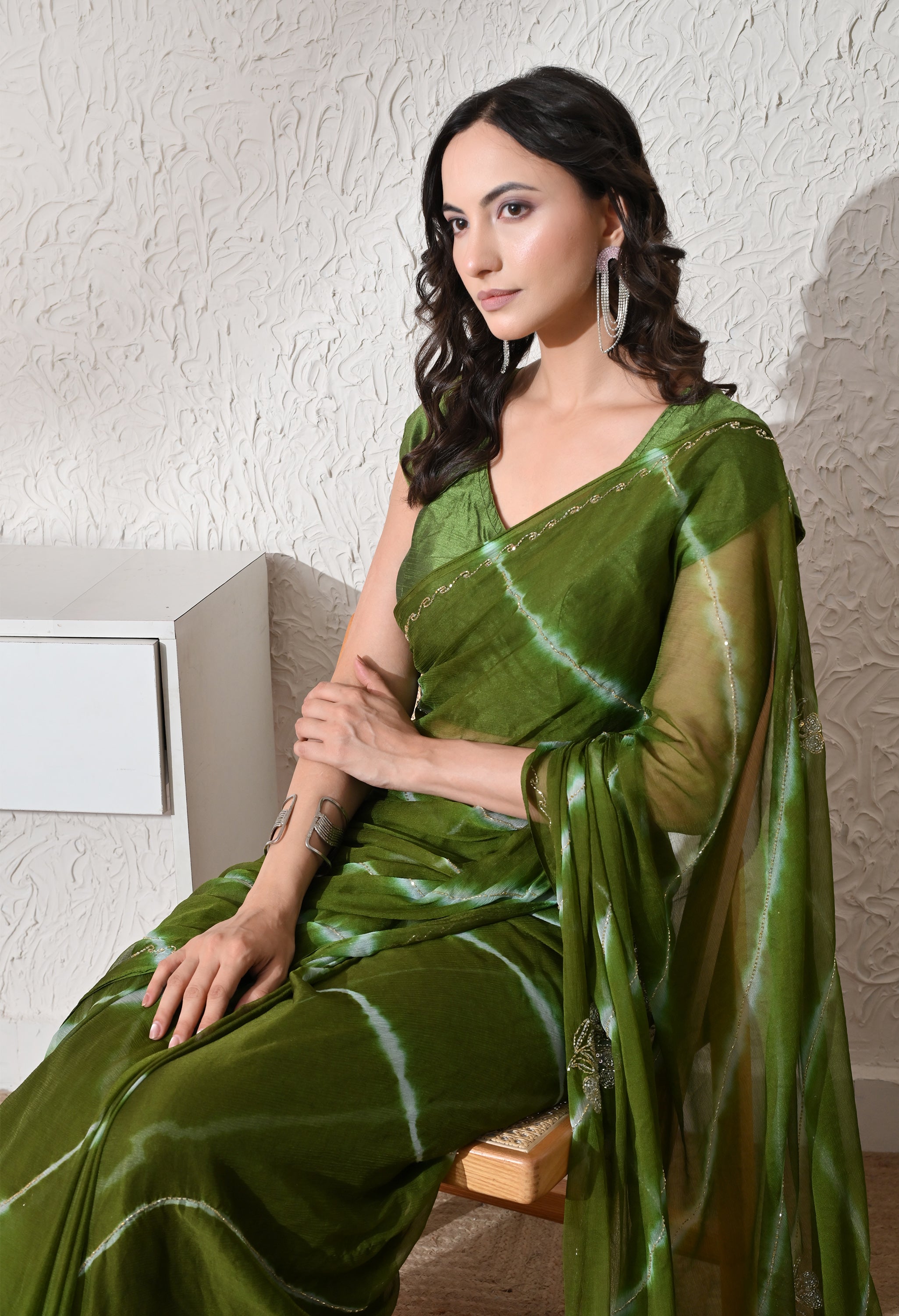Olive Meadow Italian Chiffon Handcrafted Saree