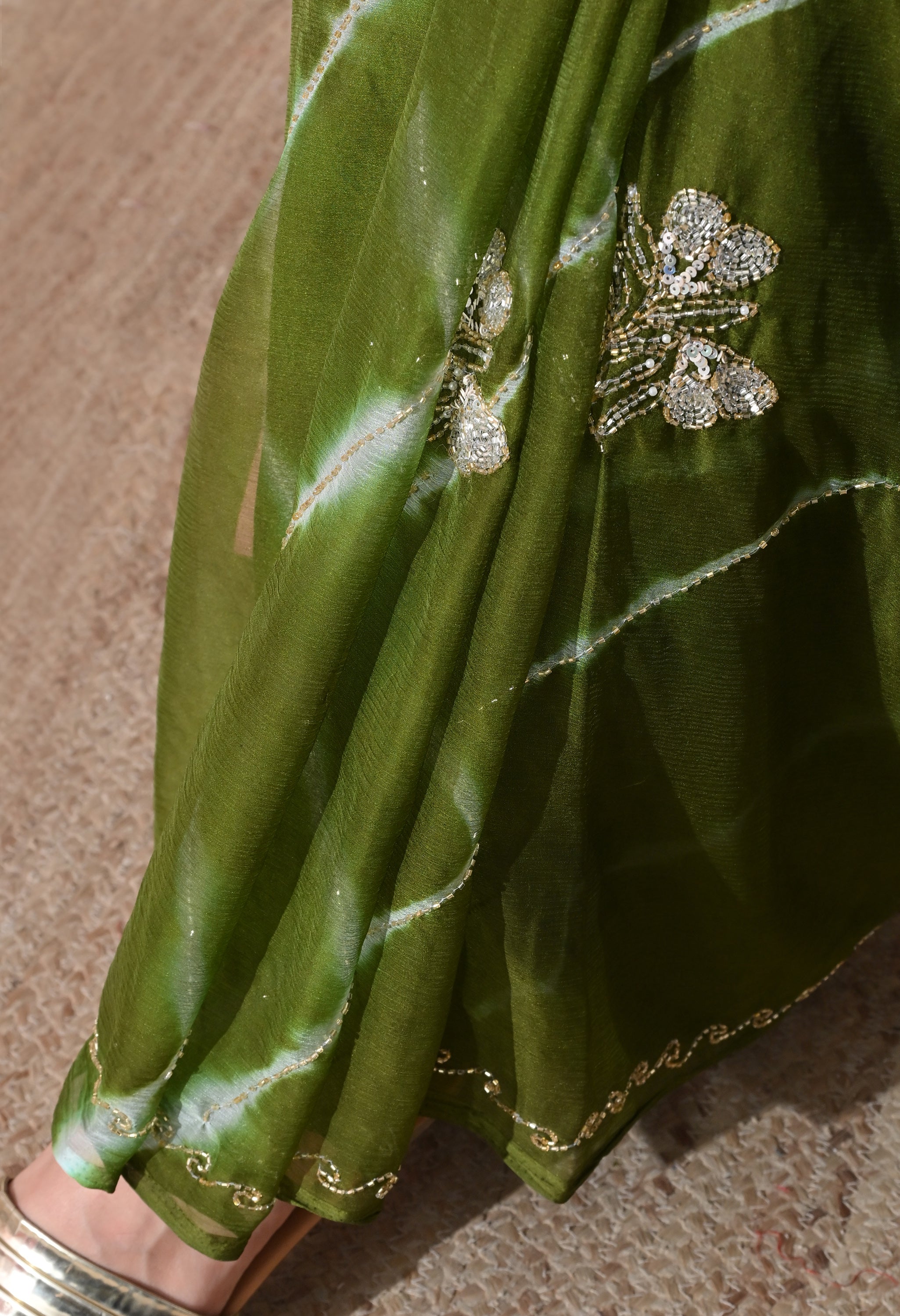 Olive Meadow Italian Chiffon Handcrafted Saree