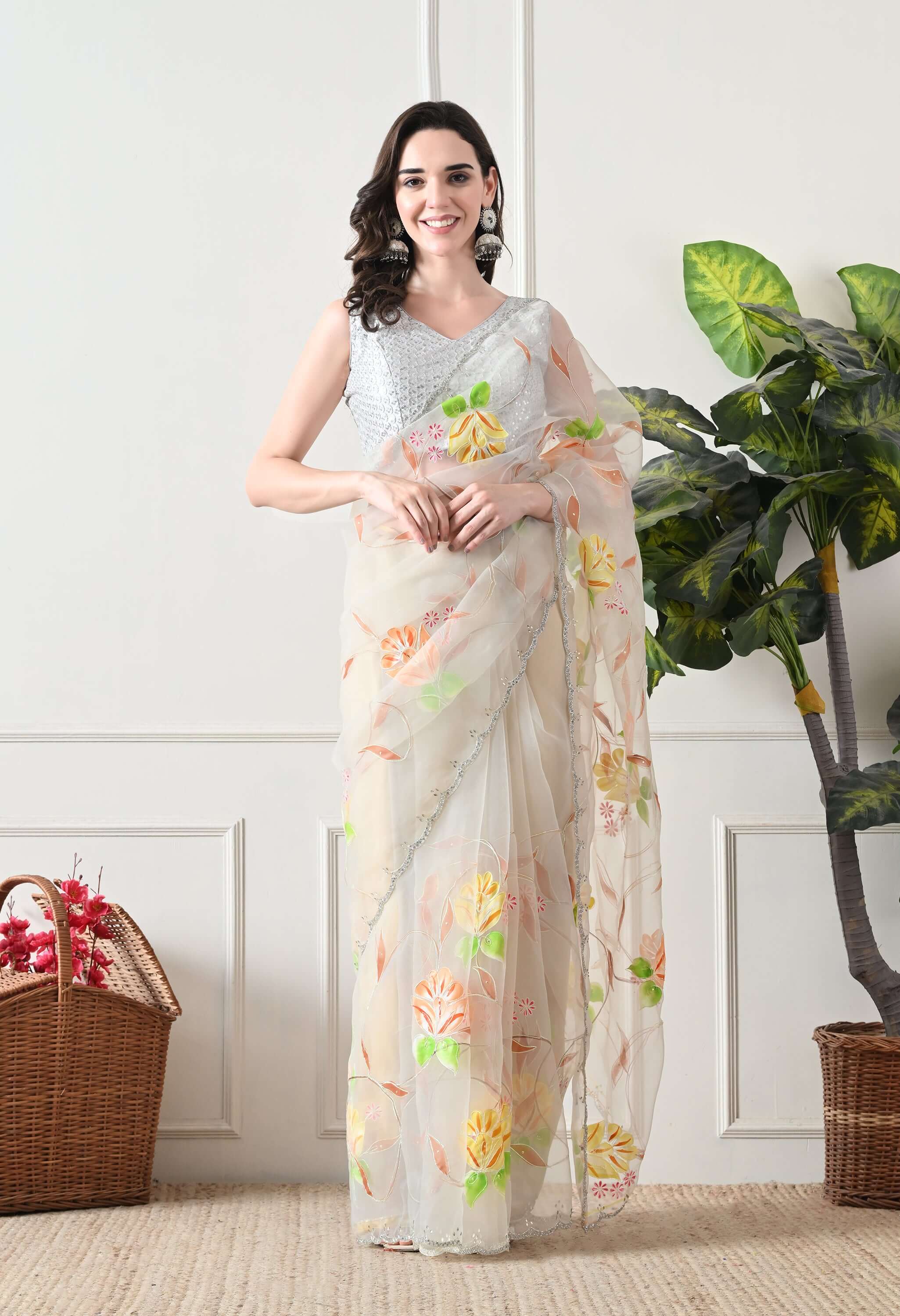 Hand Printed Off White Organza Saree