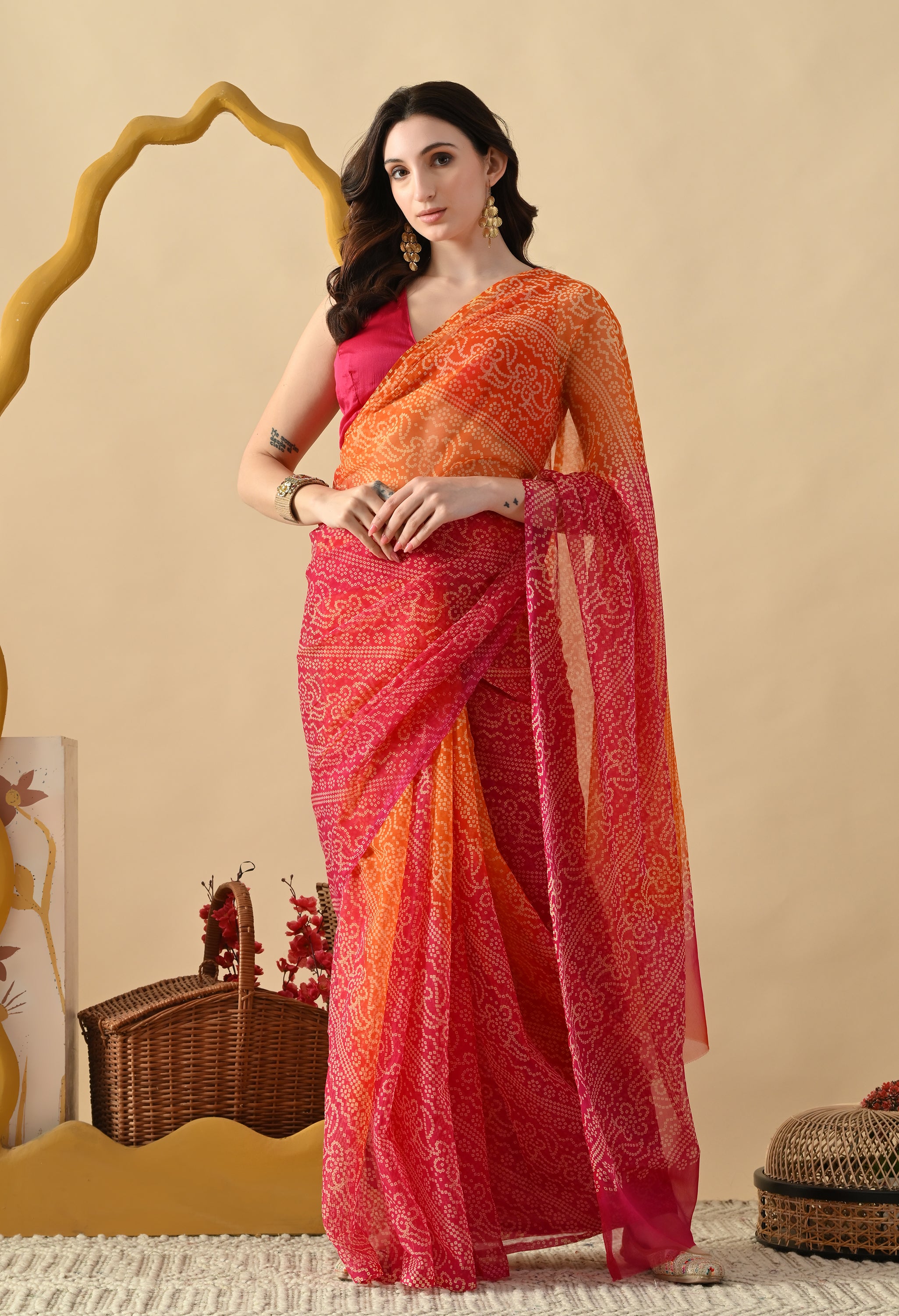 Pink & Orange Chiffon Bandhani Print Saree