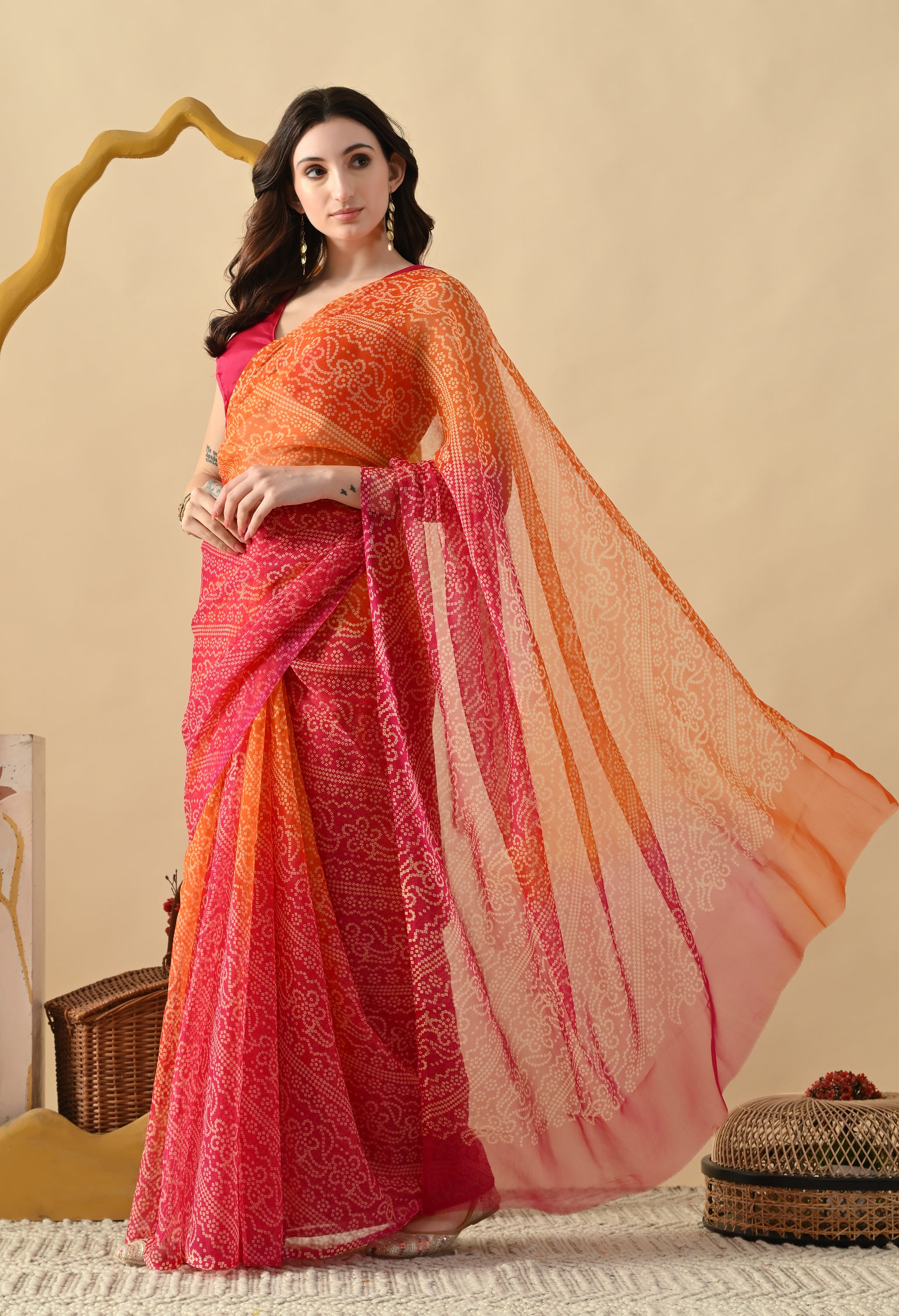 Pink & Orange Chiffon Bandhani Print Saree