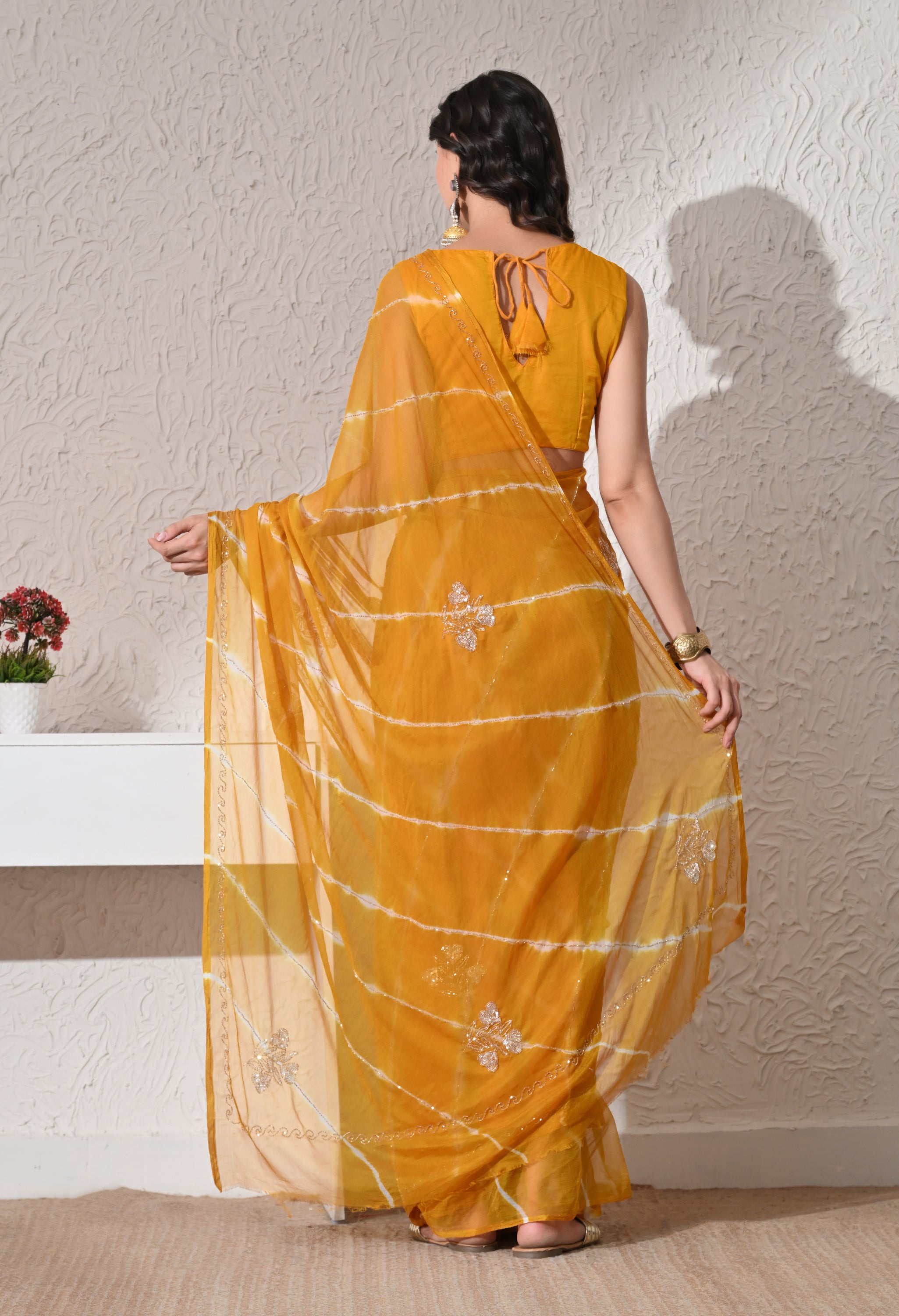 Golden Mustard Italian Chiffon Handcrafted Saree
