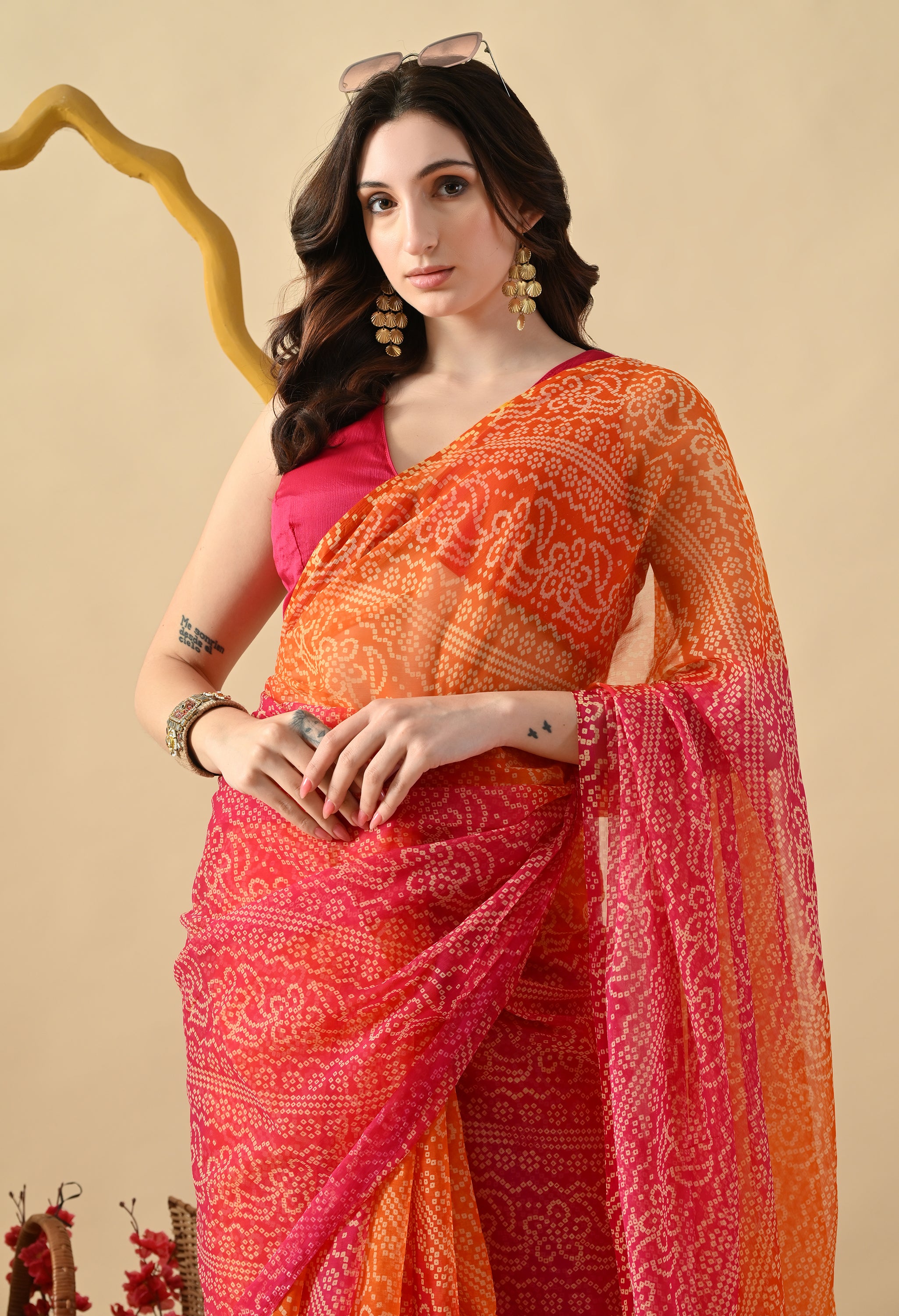 Pink & Orange Chiffon Bandhani Print Saree