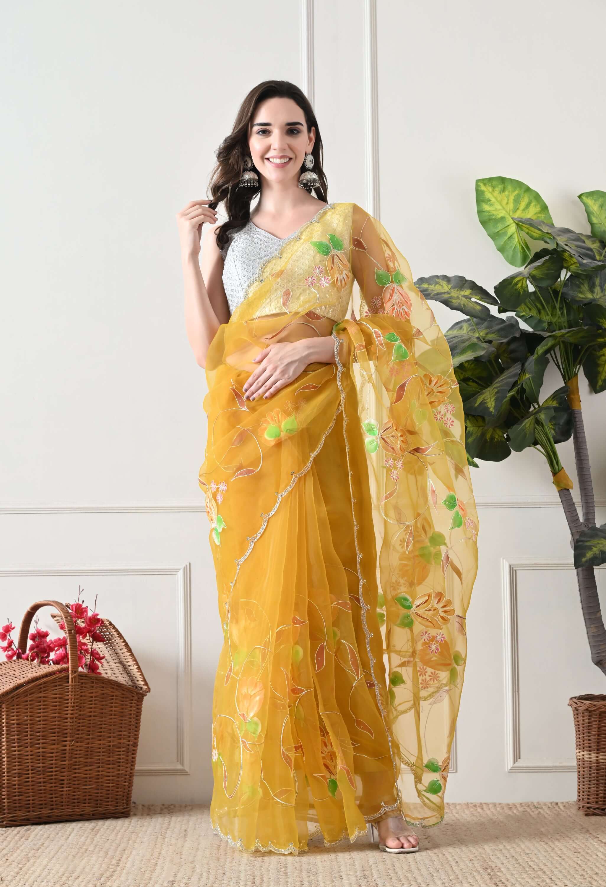 Hand Printed Yellow Organza Saree