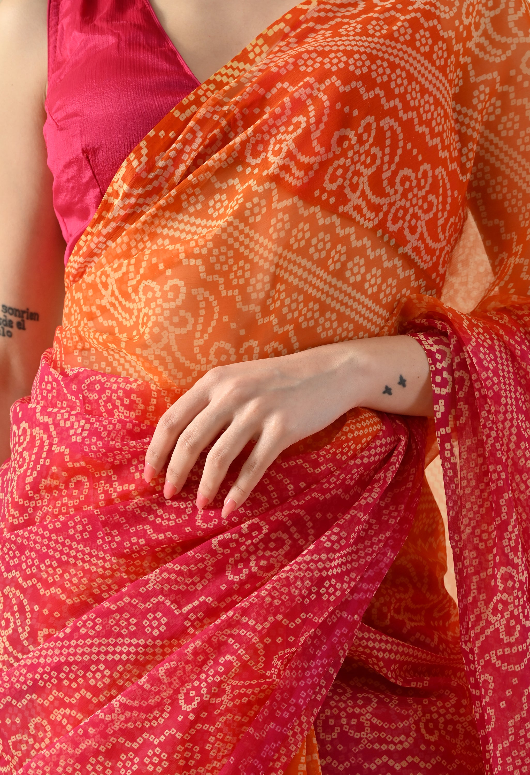 Pink & Orange Chiffon Bandhani Print Saree