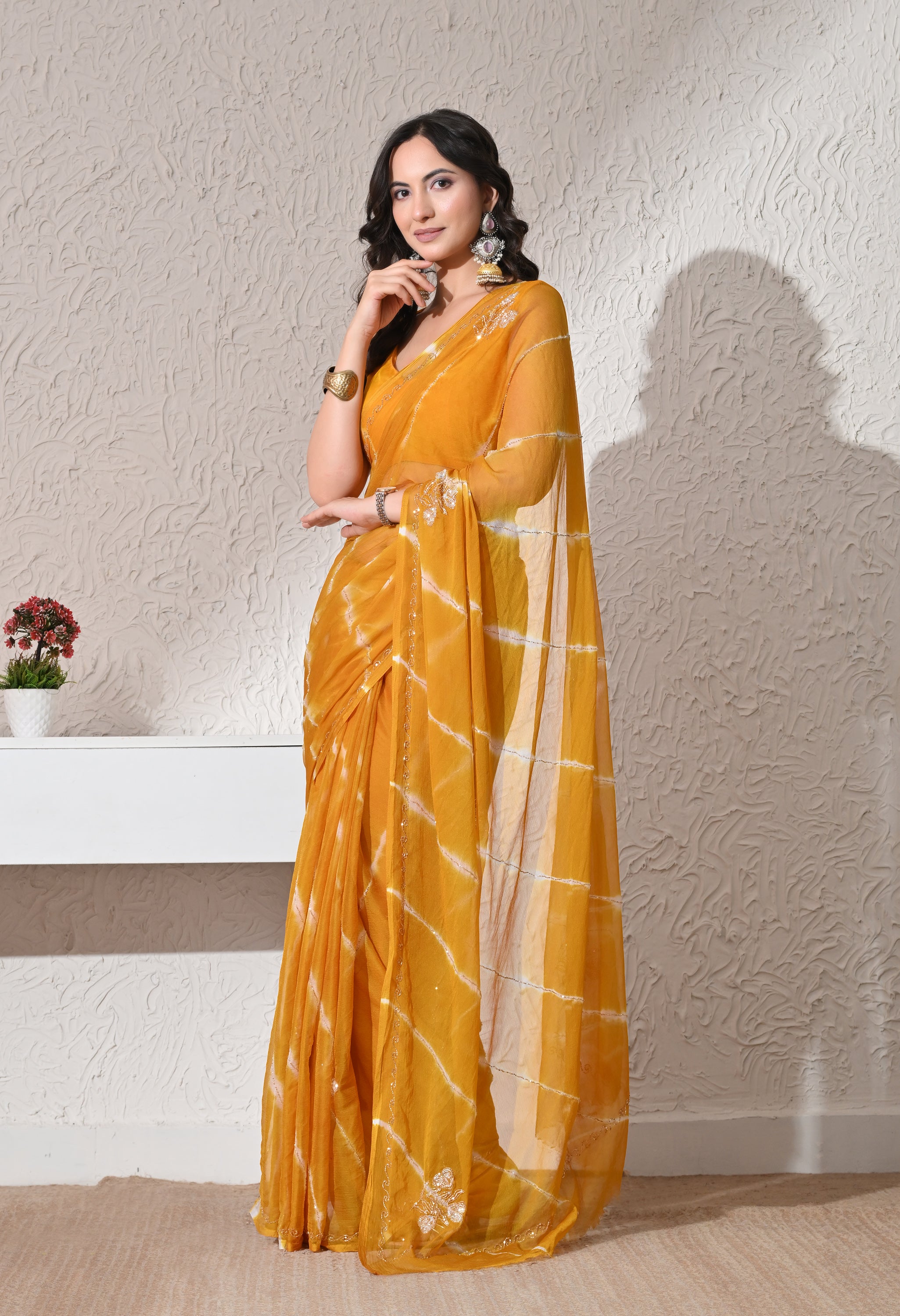 Golden Mustard Italian Chiffon Handcrafted Saree