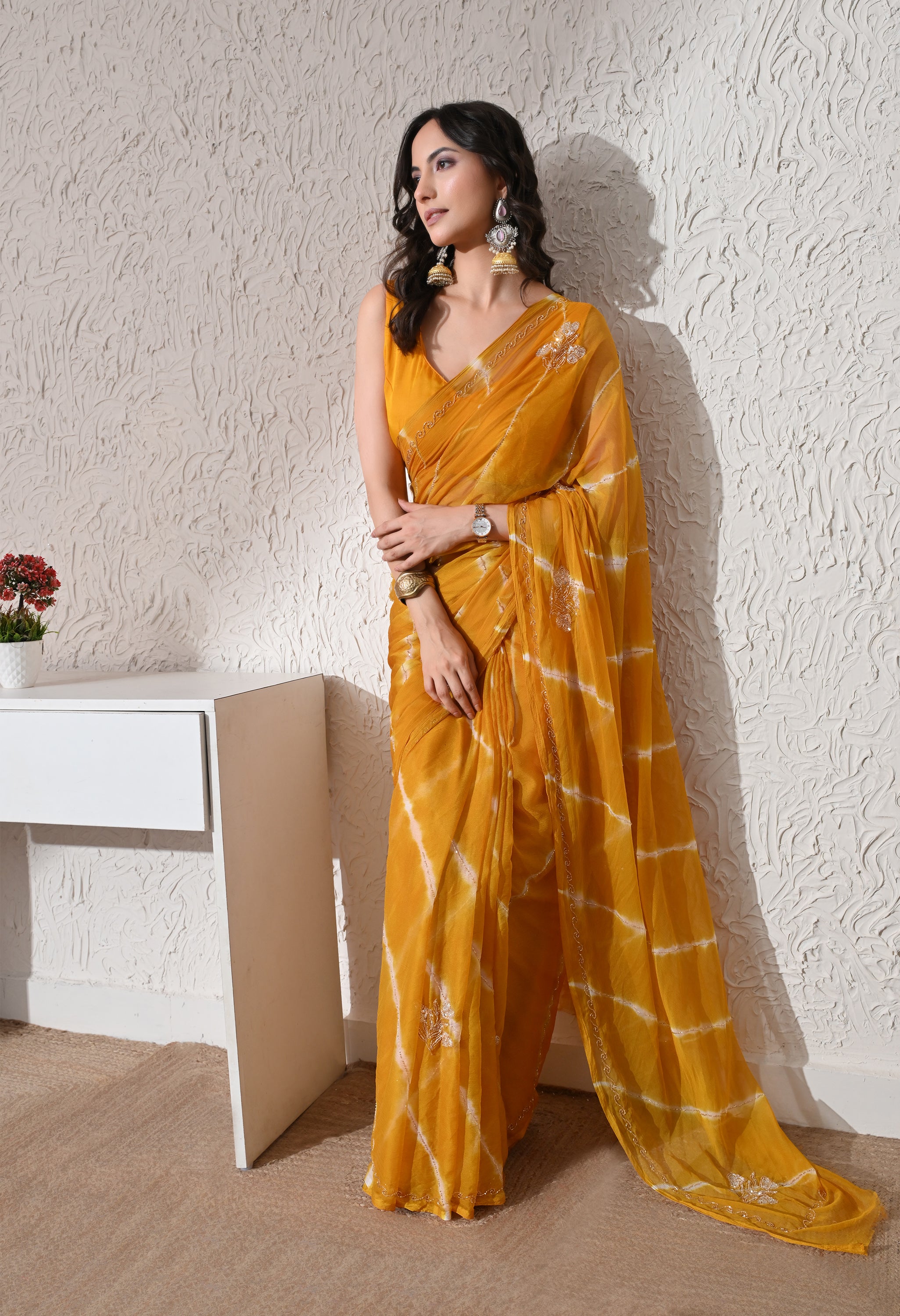 Golden Mustard Italian Chiffon Handcrafted Saree