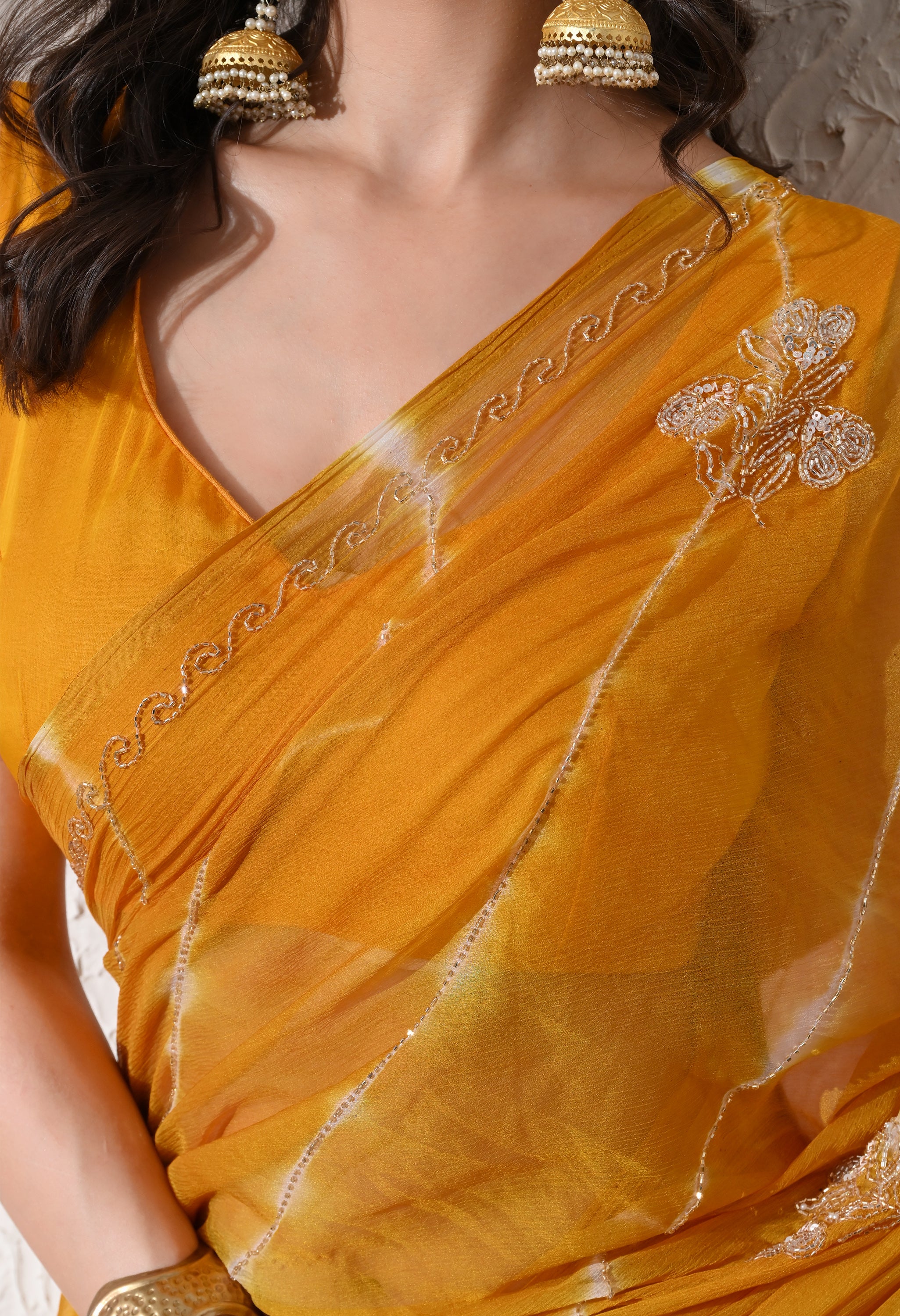 Golden Mustard Italian Chiffon Handcrafted Saree