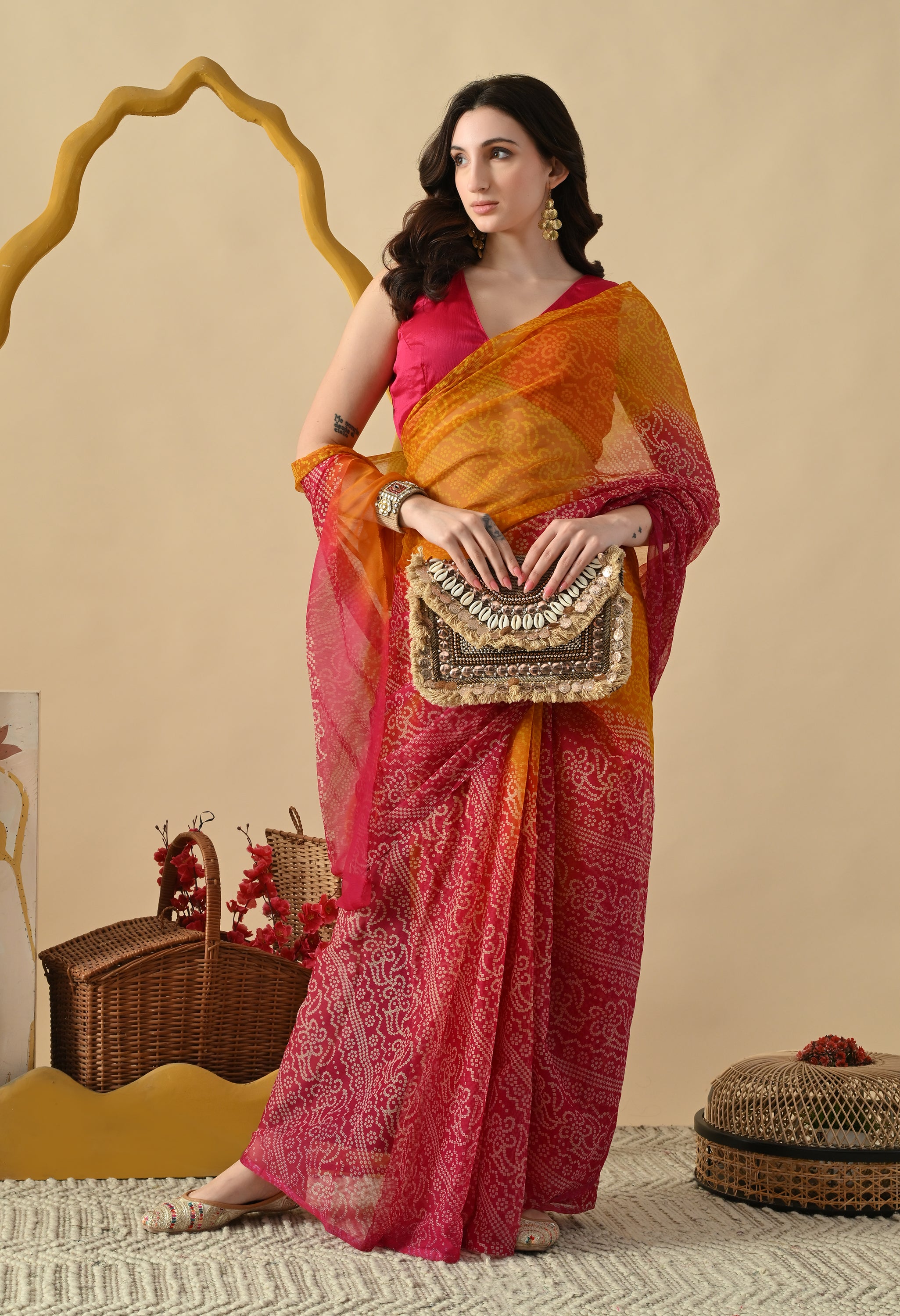 Pink & Yellow Chiffon Bandhani Print Saree