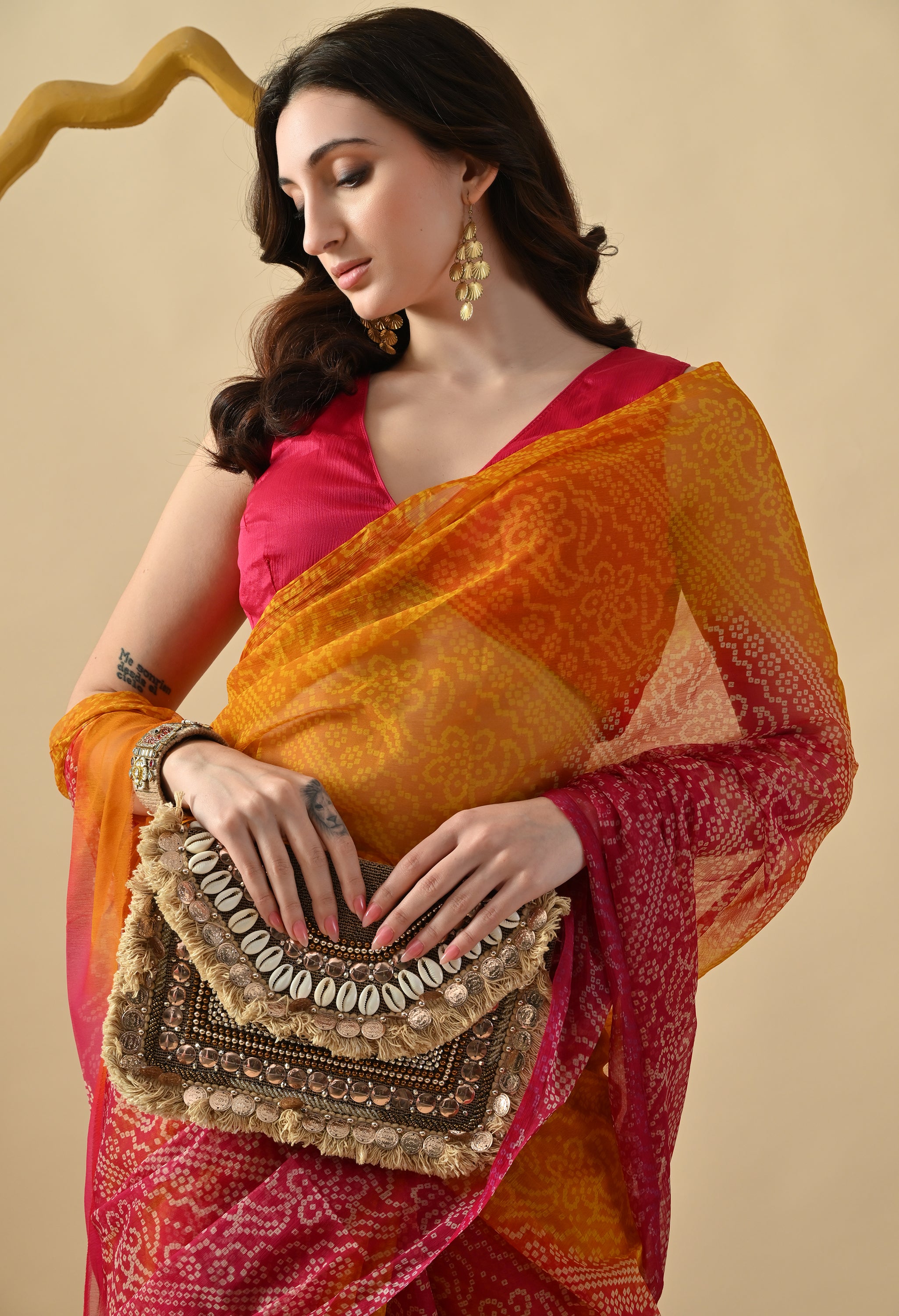 Pink & Yellow Chiffon Bandhani Print Saree