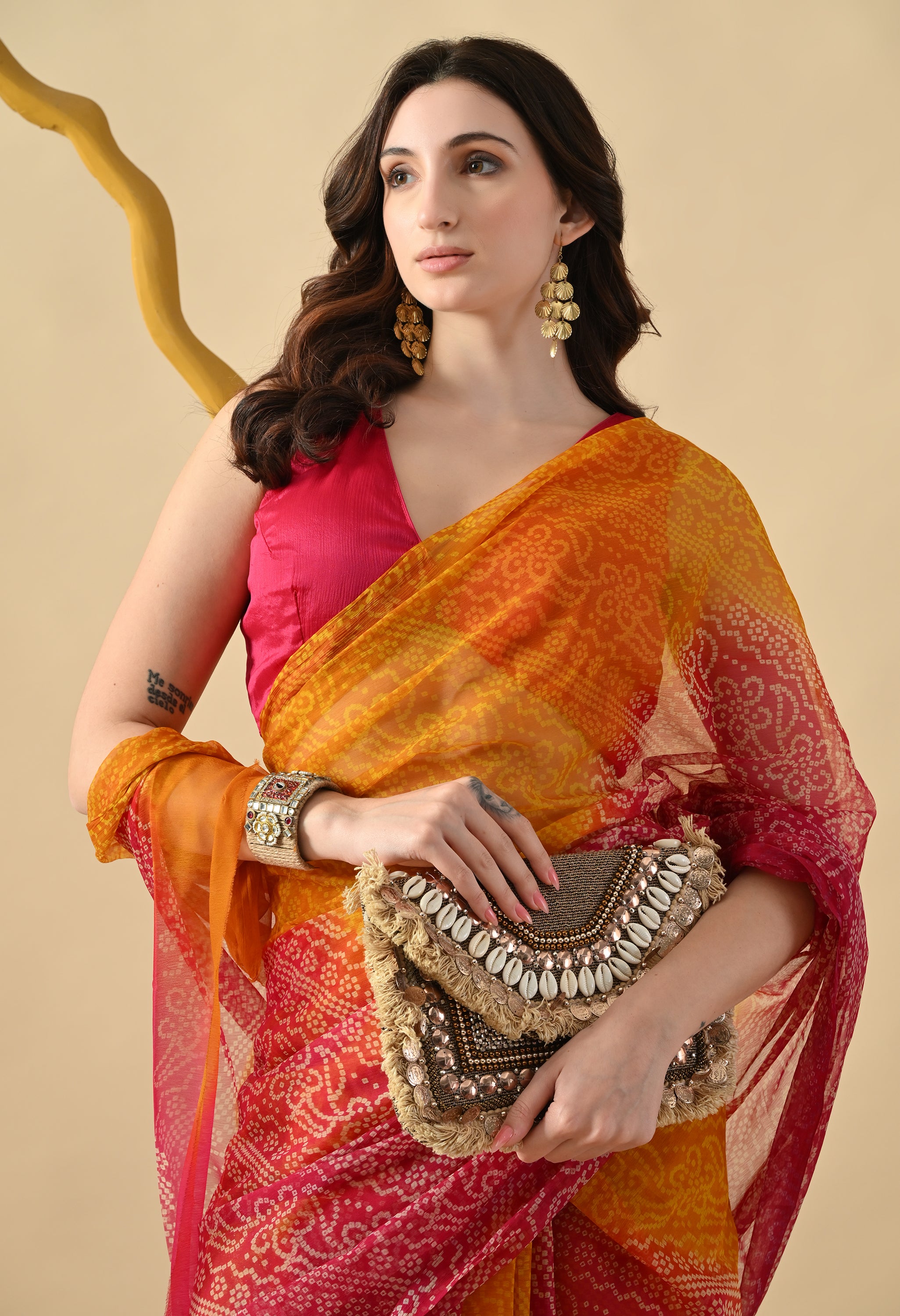 Pink & Yellow Chiffon Bandhani Print Saree