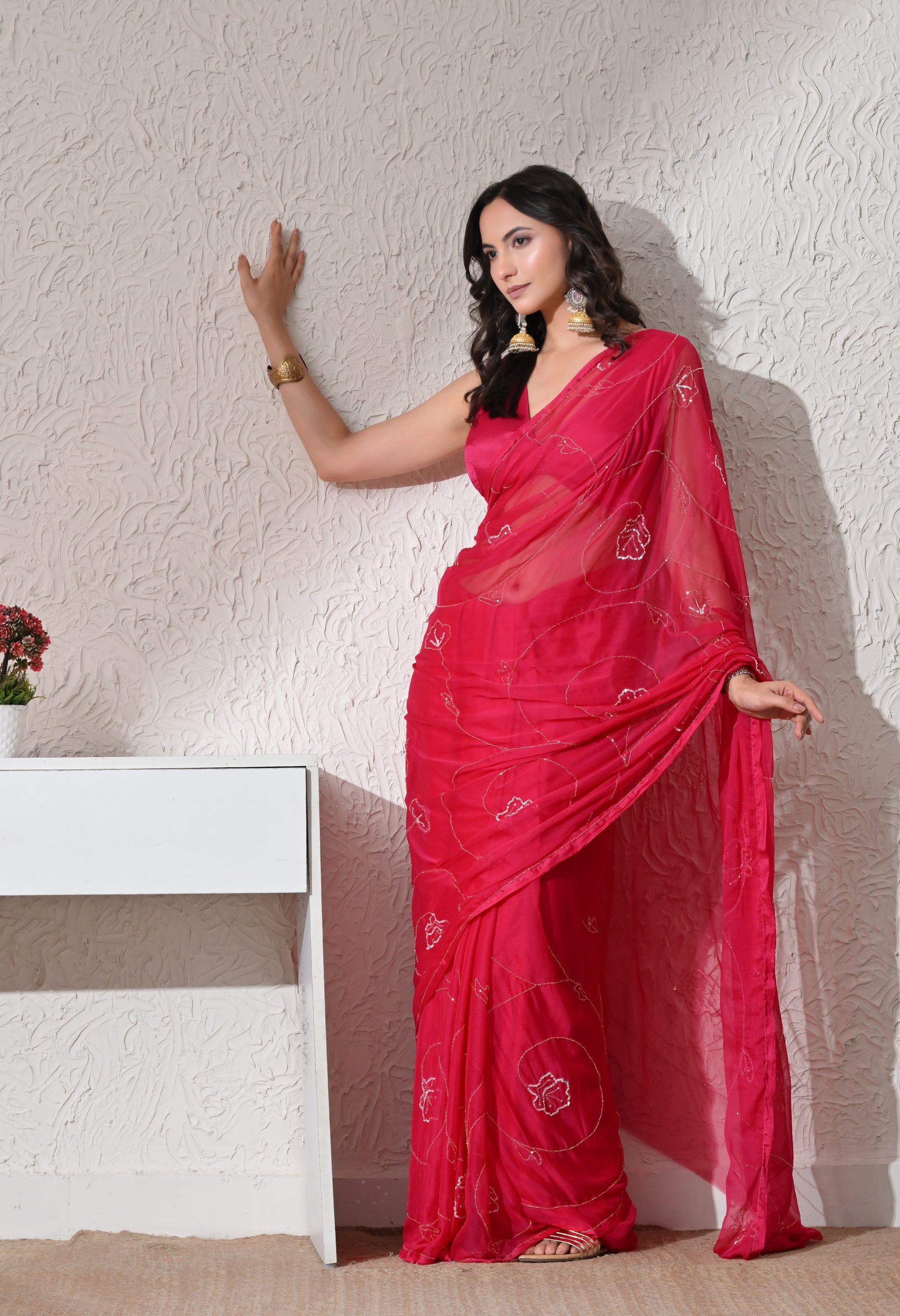 Crimson Red Italian Chiffon Jaal Work Saree