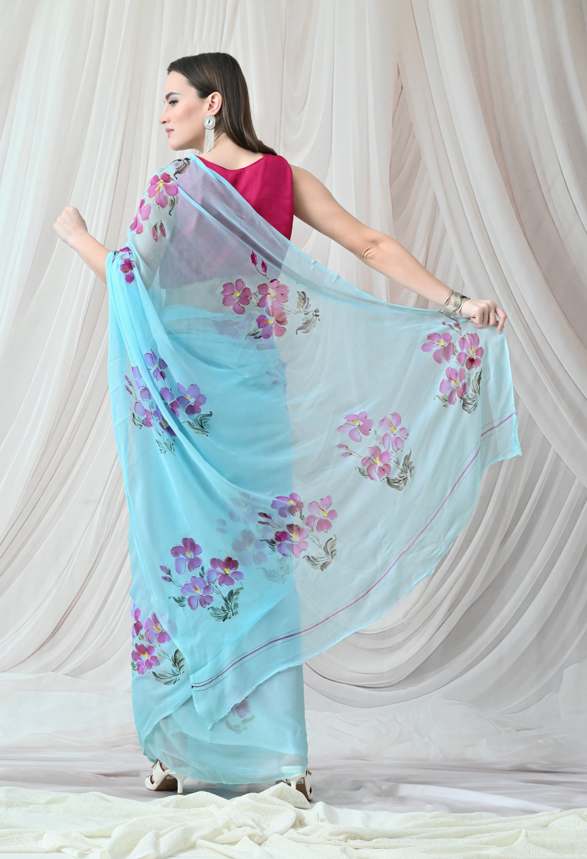 Bluebell Breeze Handpainted Pure Chiffon Saree