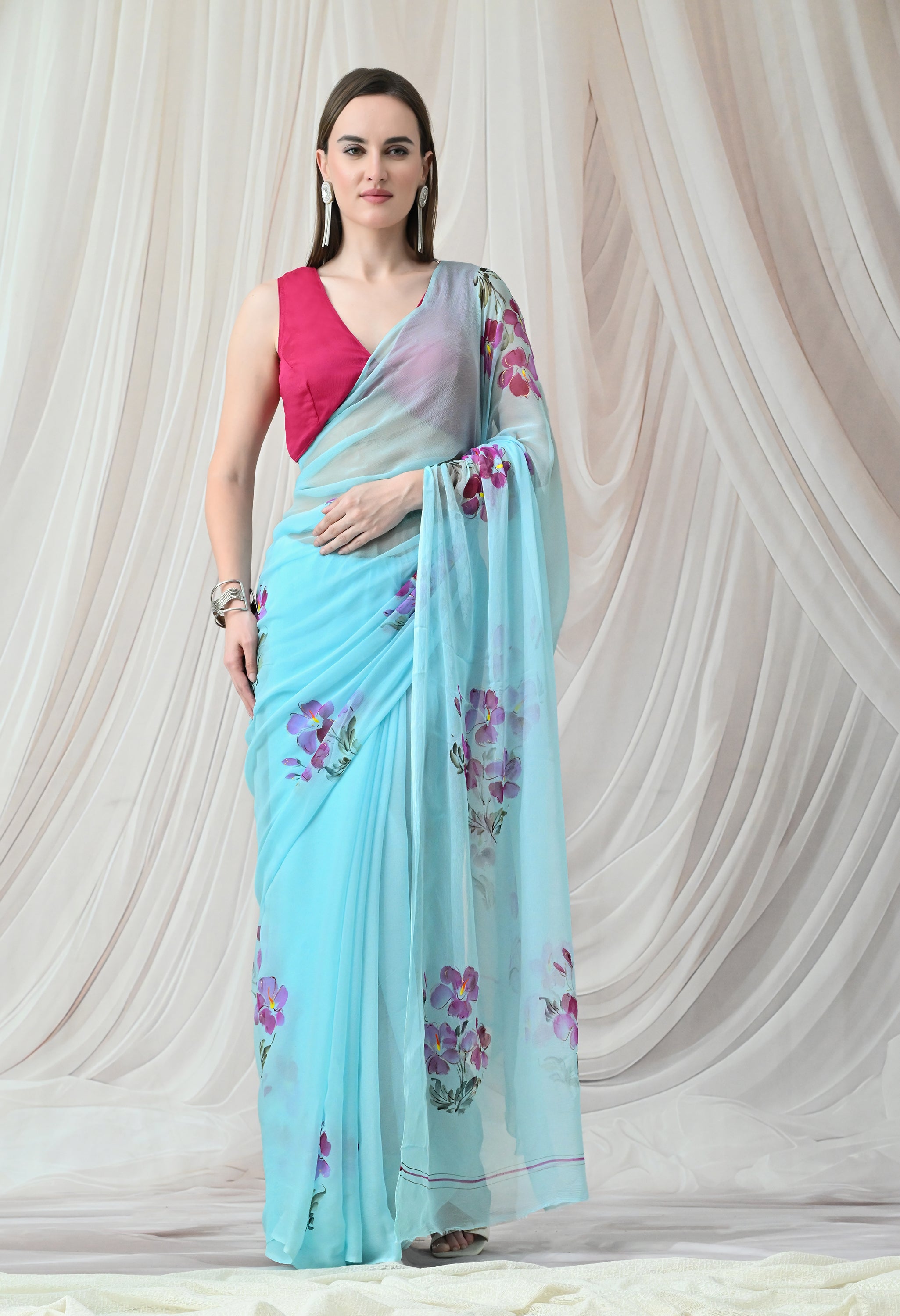 Bluebell Breeze Handpainted Pure Chiffon Saree