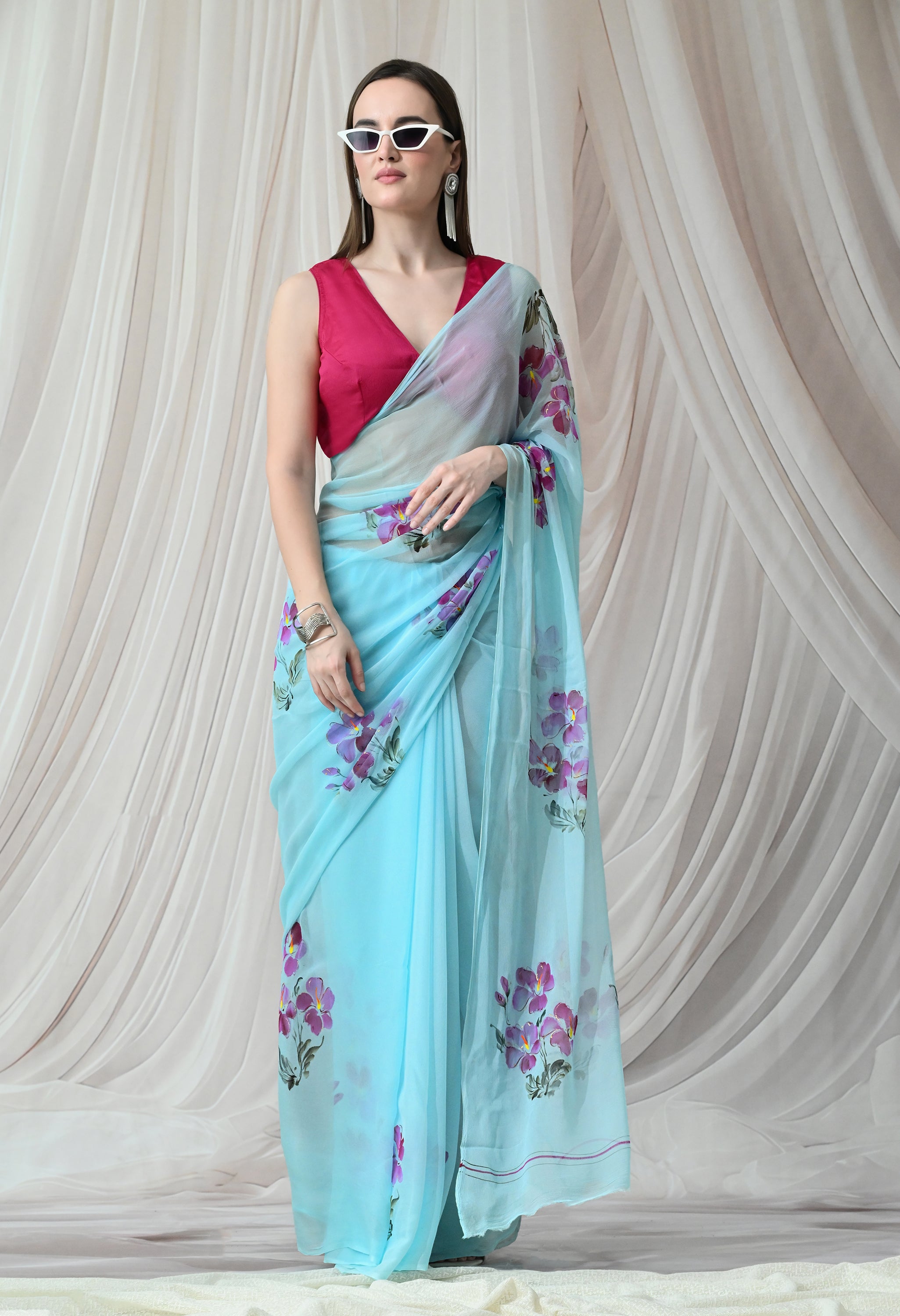 Bluebell Breeze Handpainted Pure Chiffon Saree