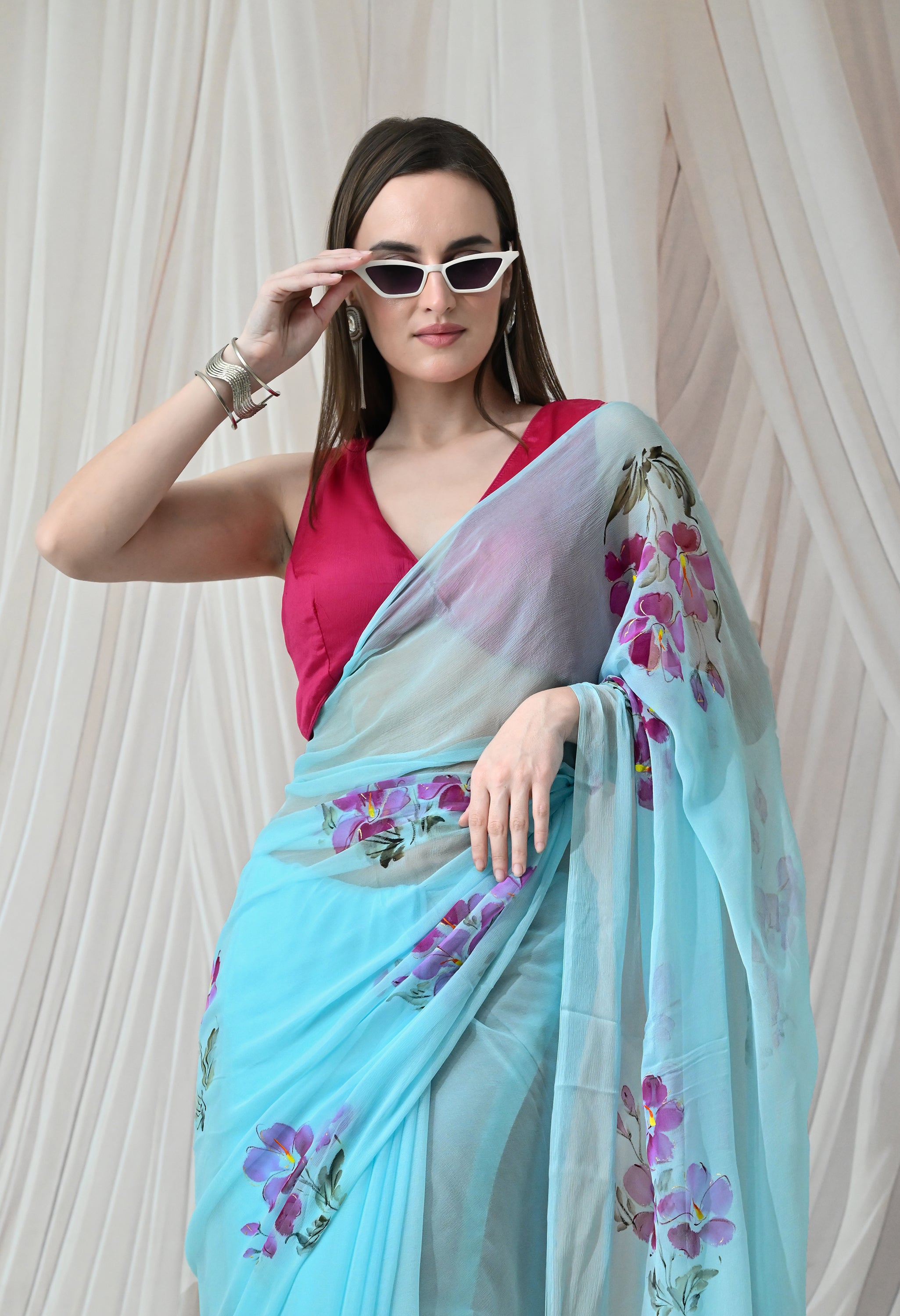 Bluebell Breeze Handpainted Pure Chiffon Saree