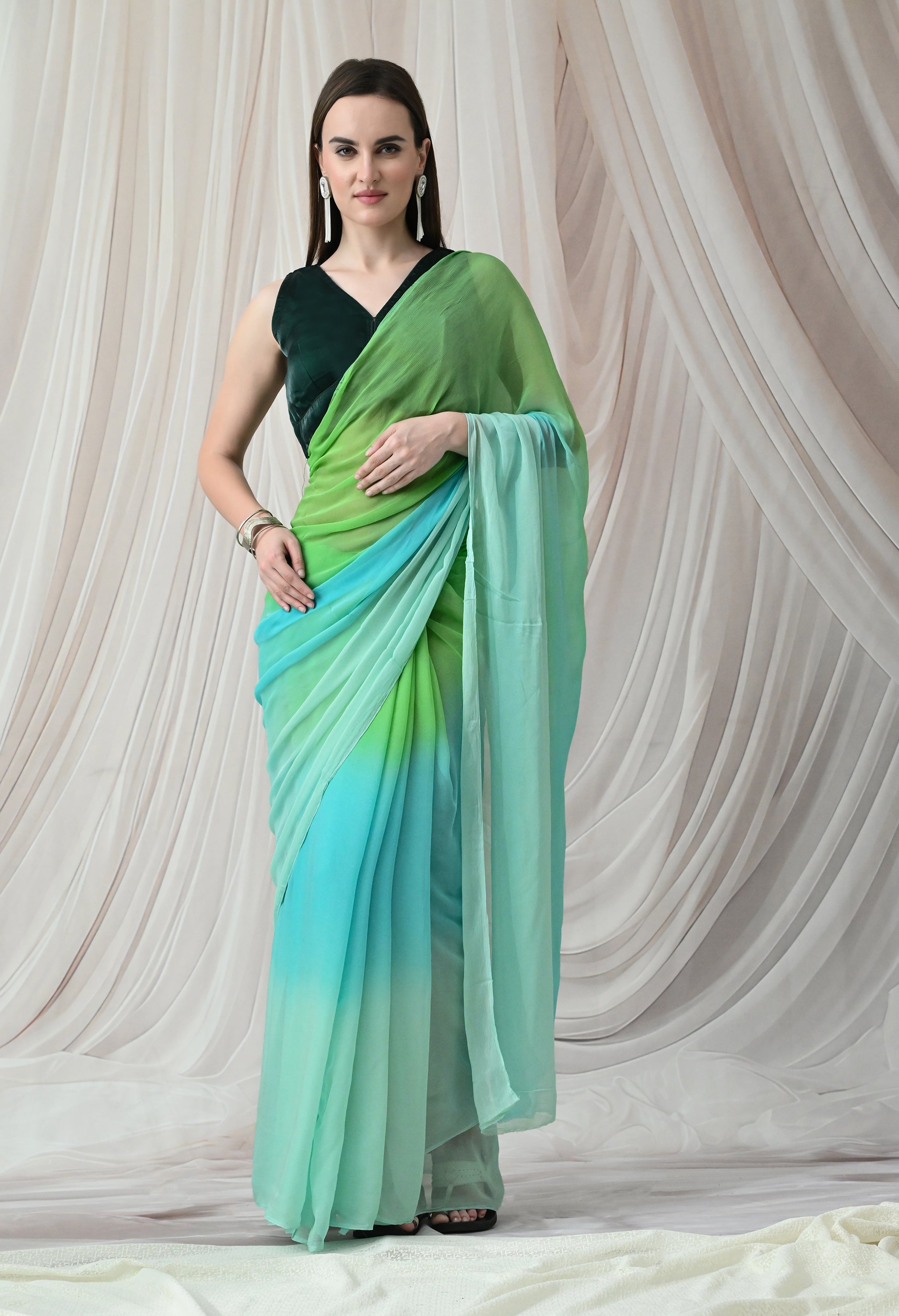 Emerald Lagoon Pure Chiffon Saree