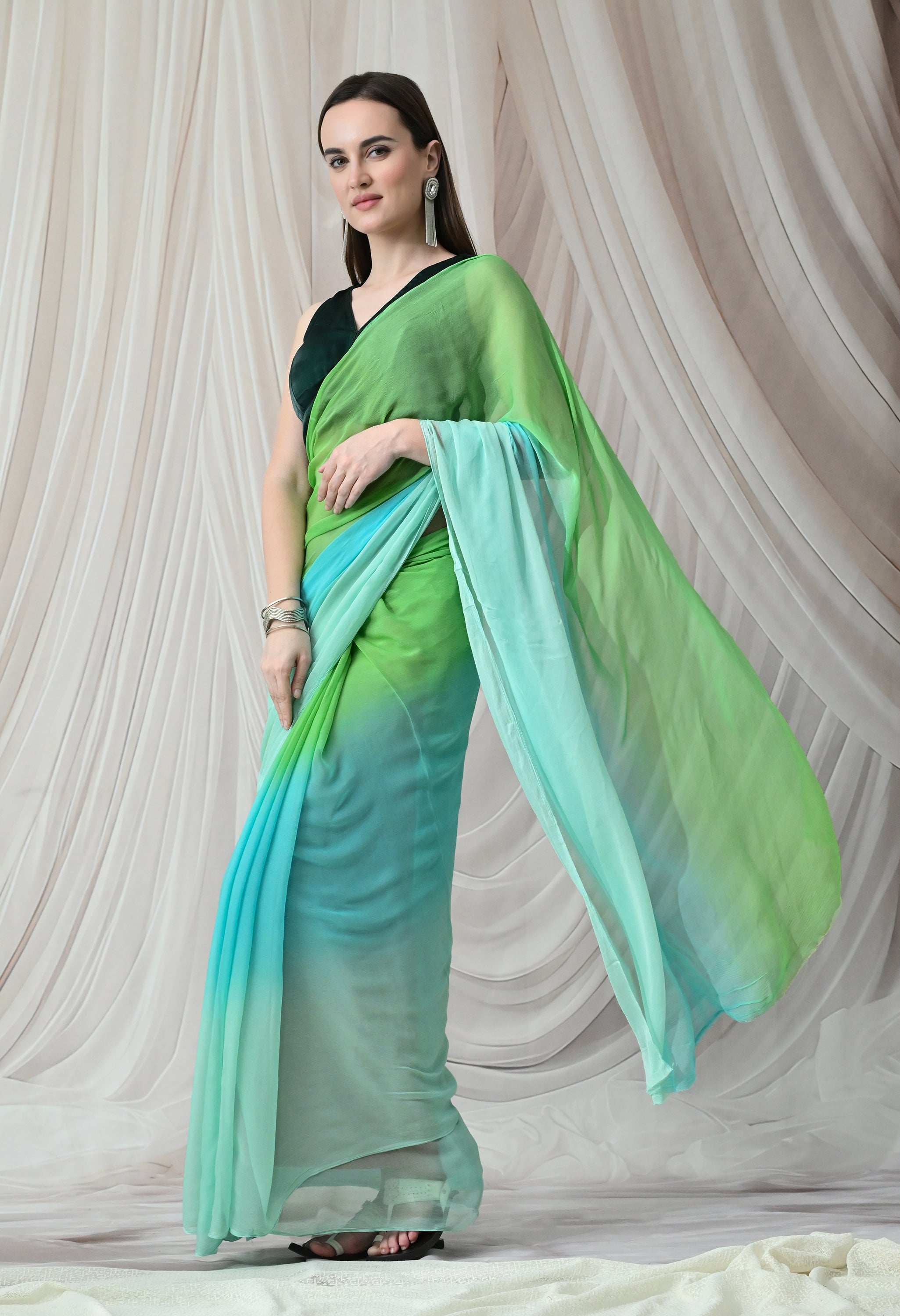 Emerald Lagoon Pure Chiffon Saree