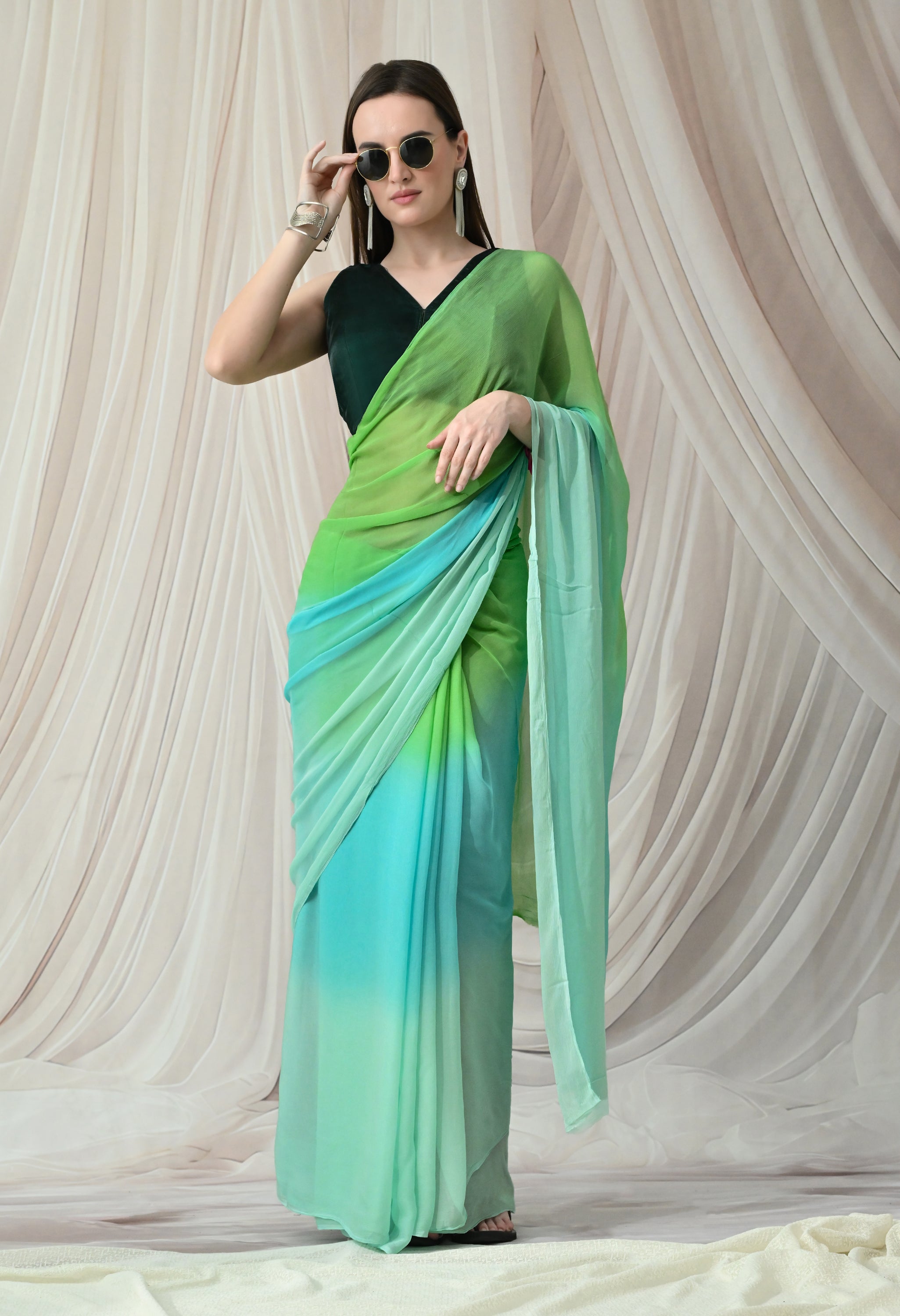 Emerald Lagoon Pure Chiffon Saree
