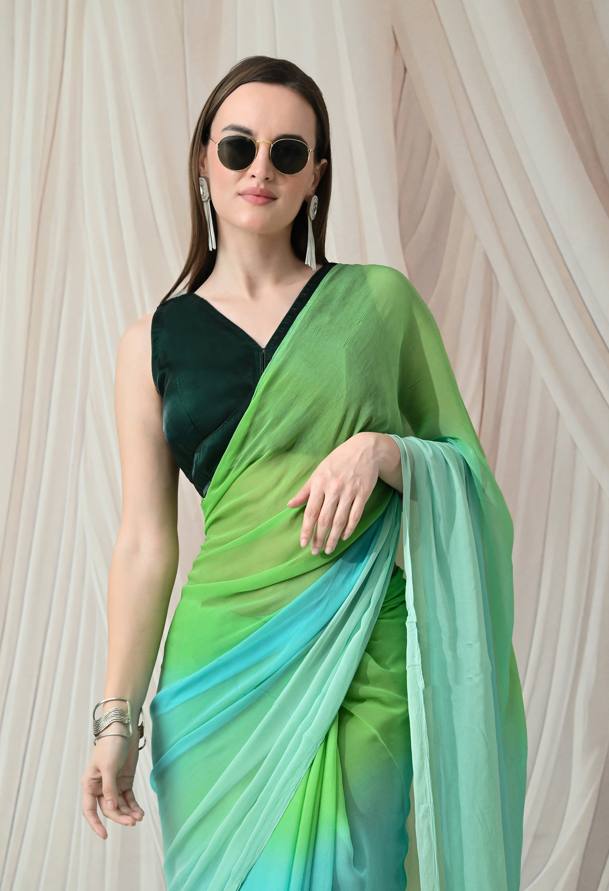 Emerald Lagoon Pure Chiffon Saree