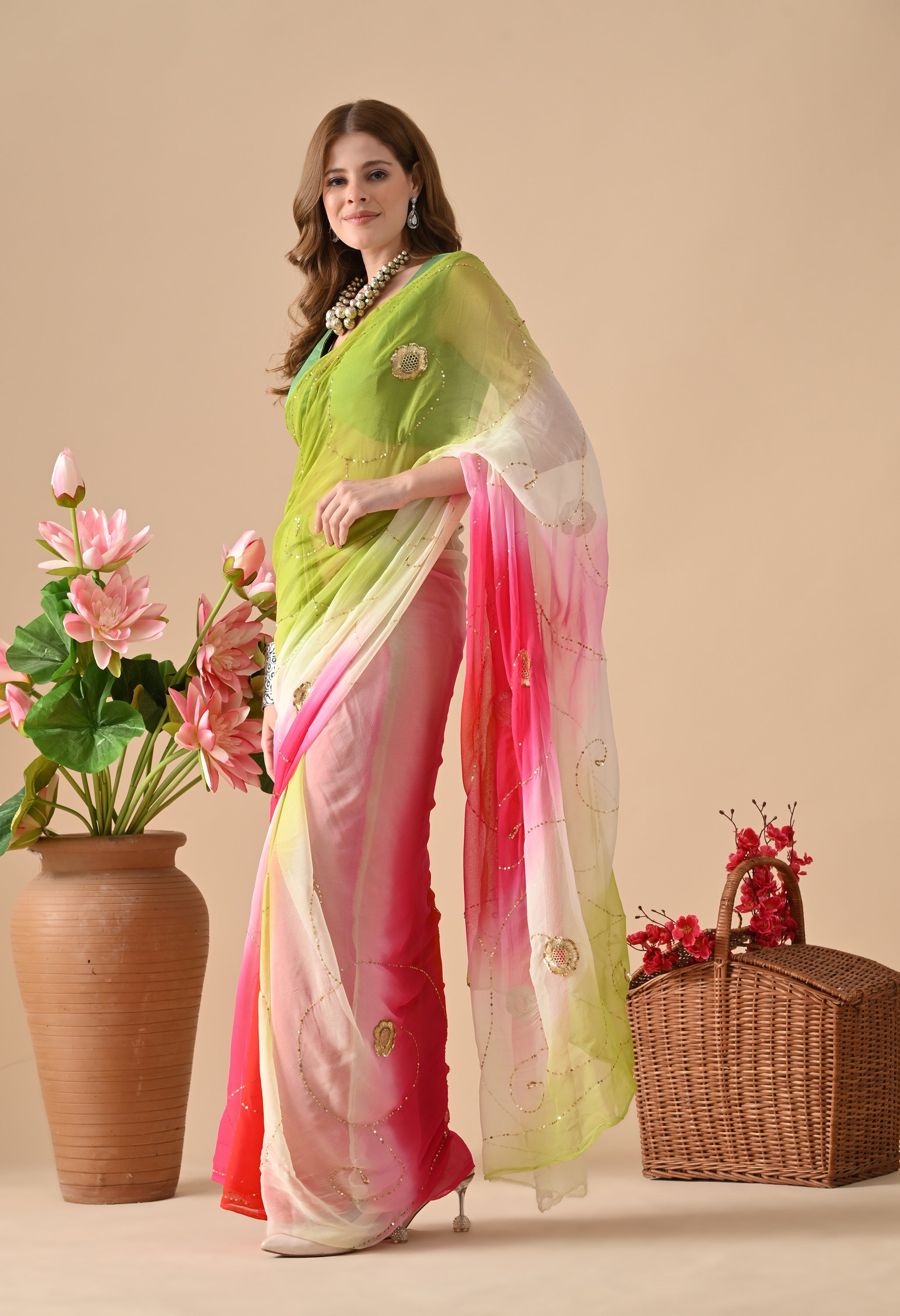 Electric Lime Rose Tie & Dye Diamond Chiffon Saree