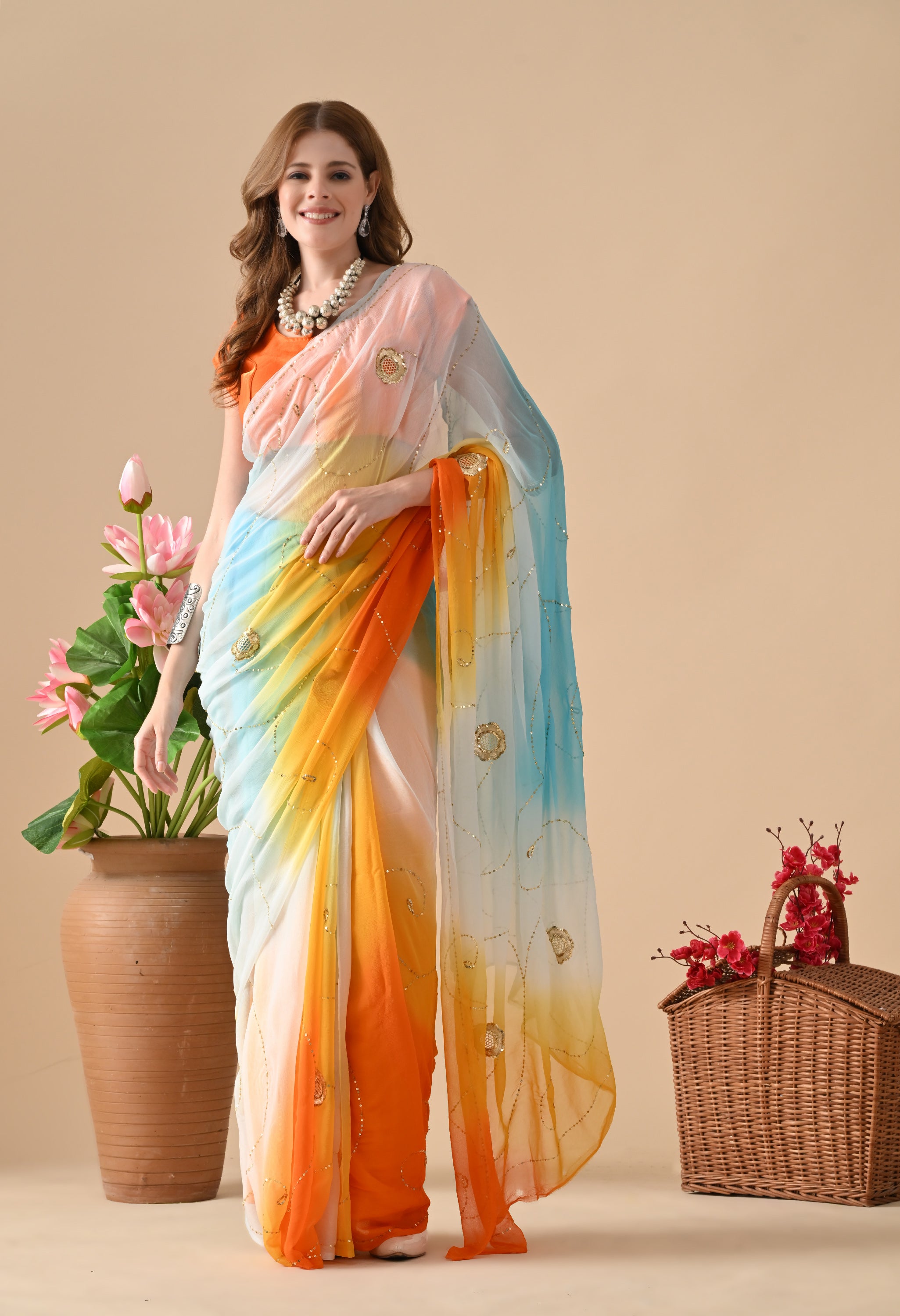 Blue Sun downer Tie & dye Sequin Diamond Chiffon Saree