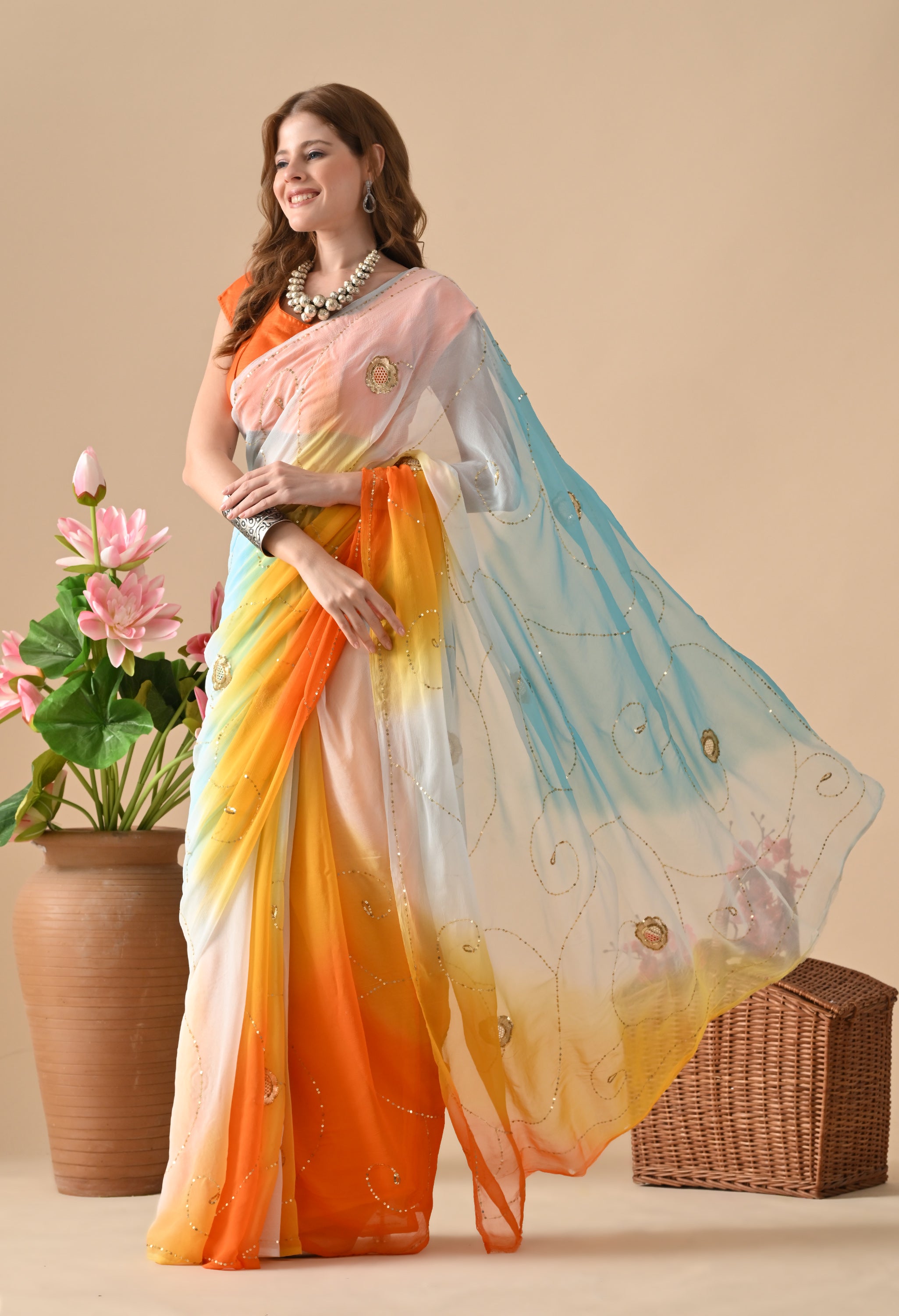 Blue Sun downer Tie & dye Sequin Diamond Chiffon Saree
