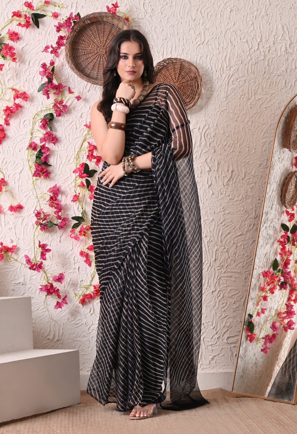 Monochrome Wave Leheriya Chiffon Saree