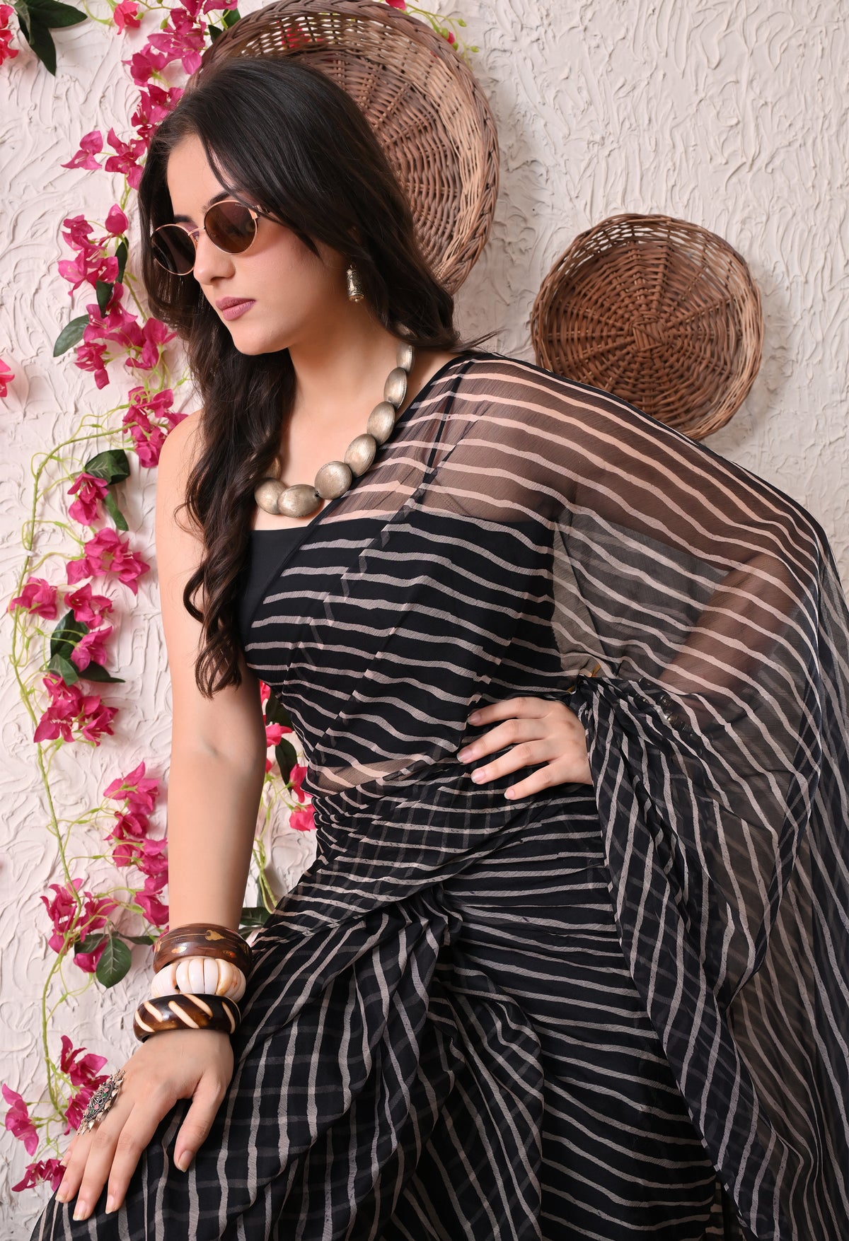 Monochrome Wave Leheriya Chiffon Saree