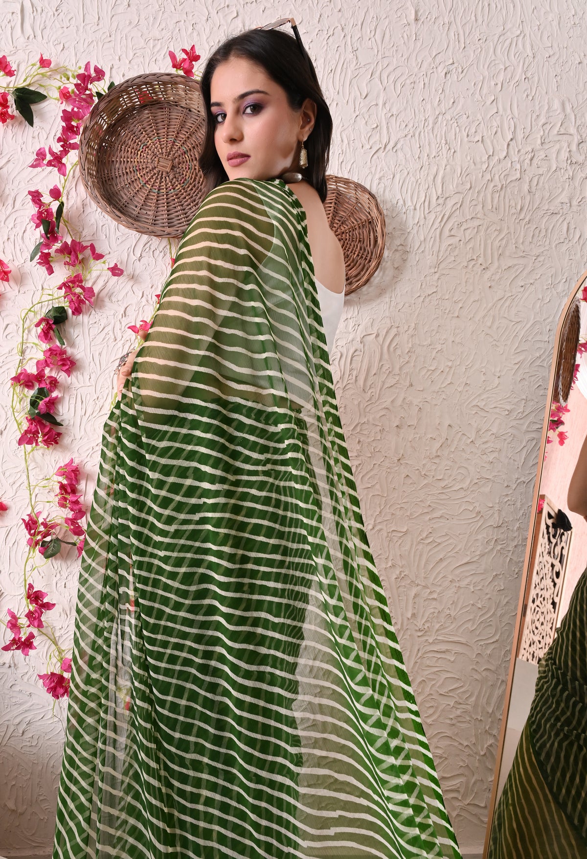 Olive Ripple Leheriya Italian Chiffon Saree