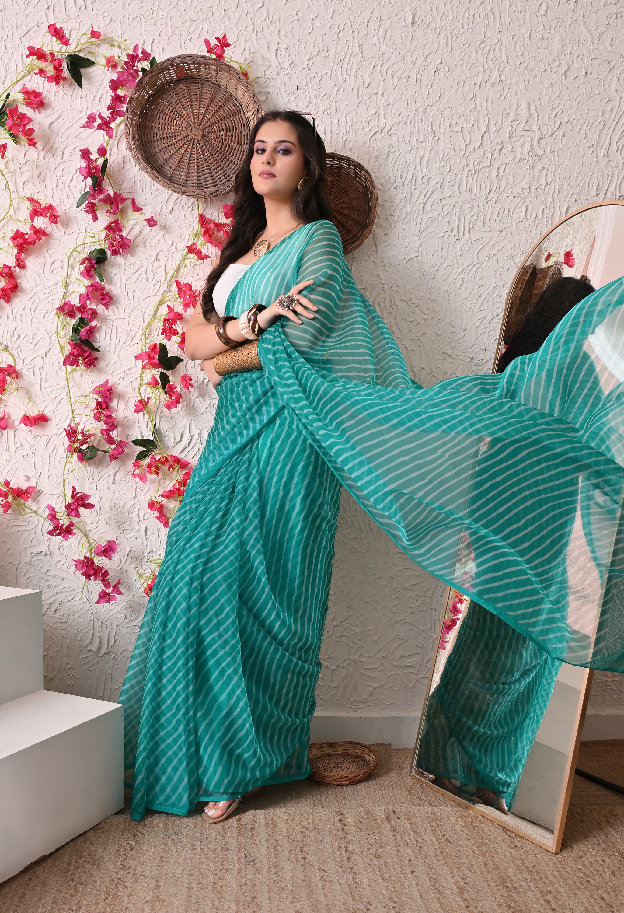 Turquoise Leheriya Italian Chiffon Saree