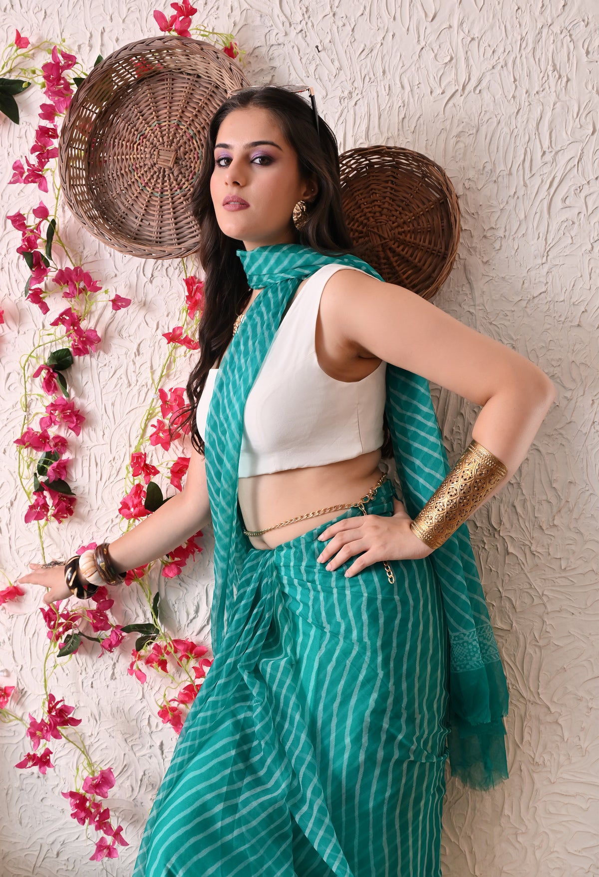 Turquoise Leheriya Italian Chiffon Saree