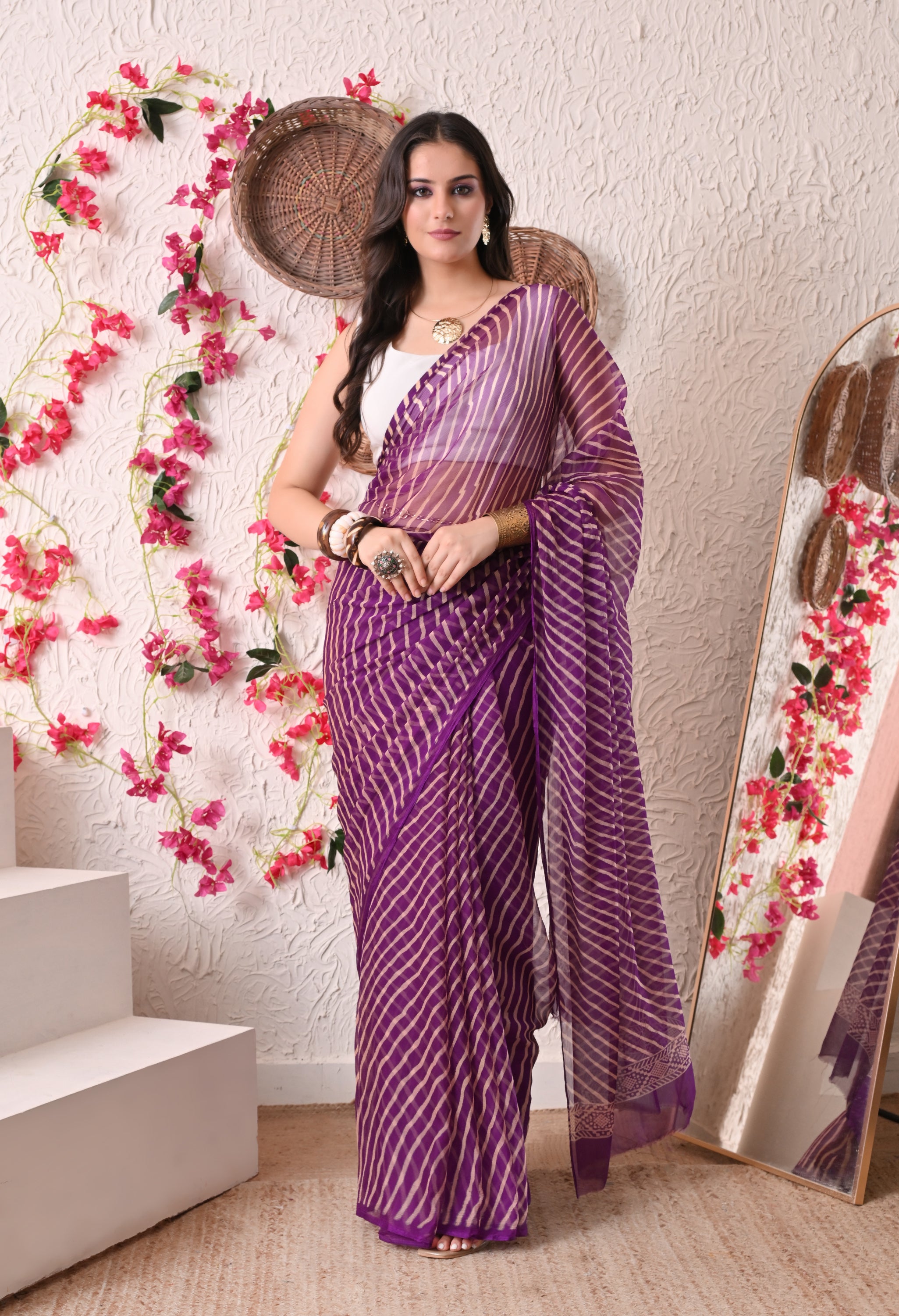 Plum Stripe Italian Chiffon Saree