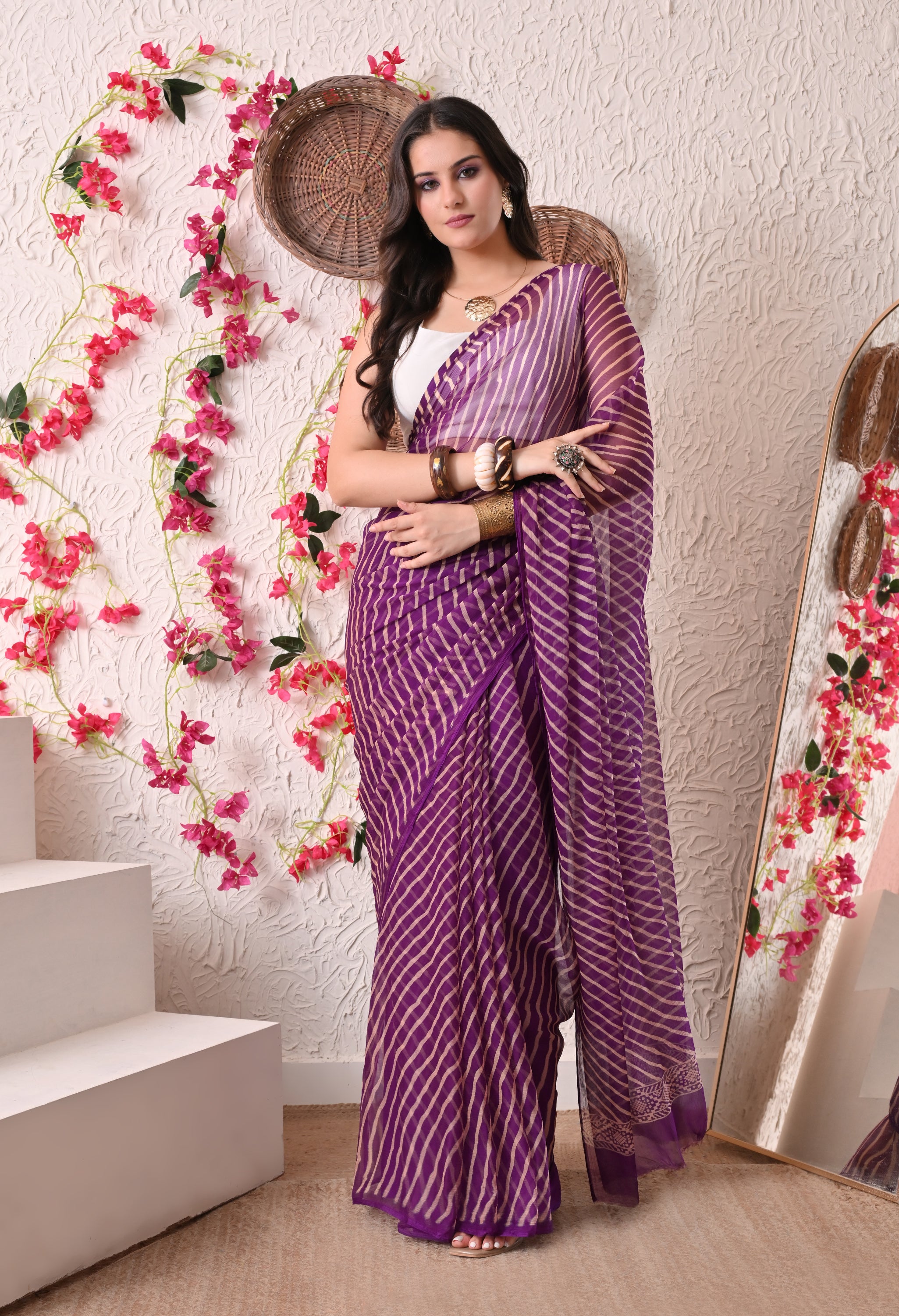 Plum Stripe Italian Chiffon Saree