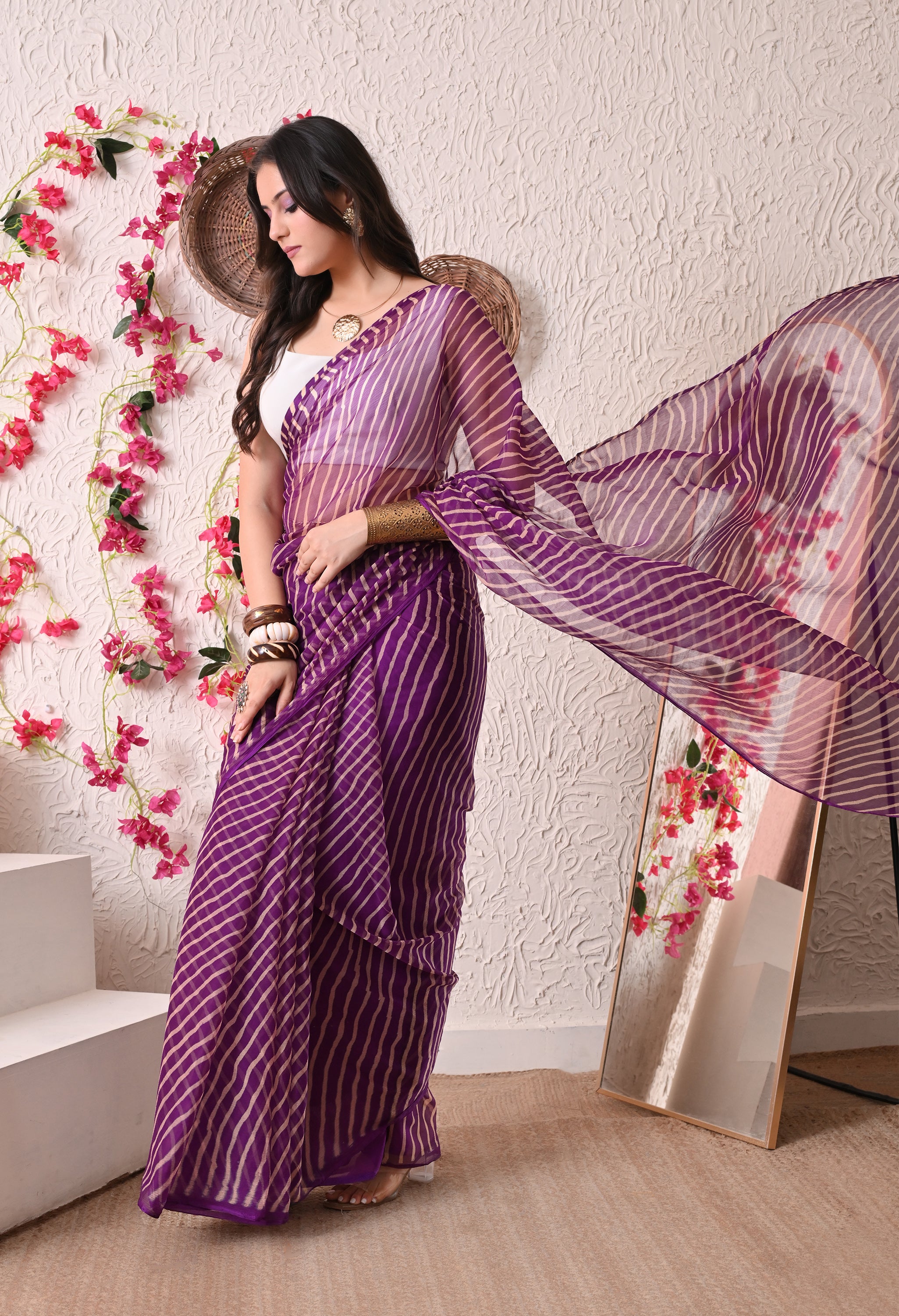 Plum Stripe Italian Chiffon Saree