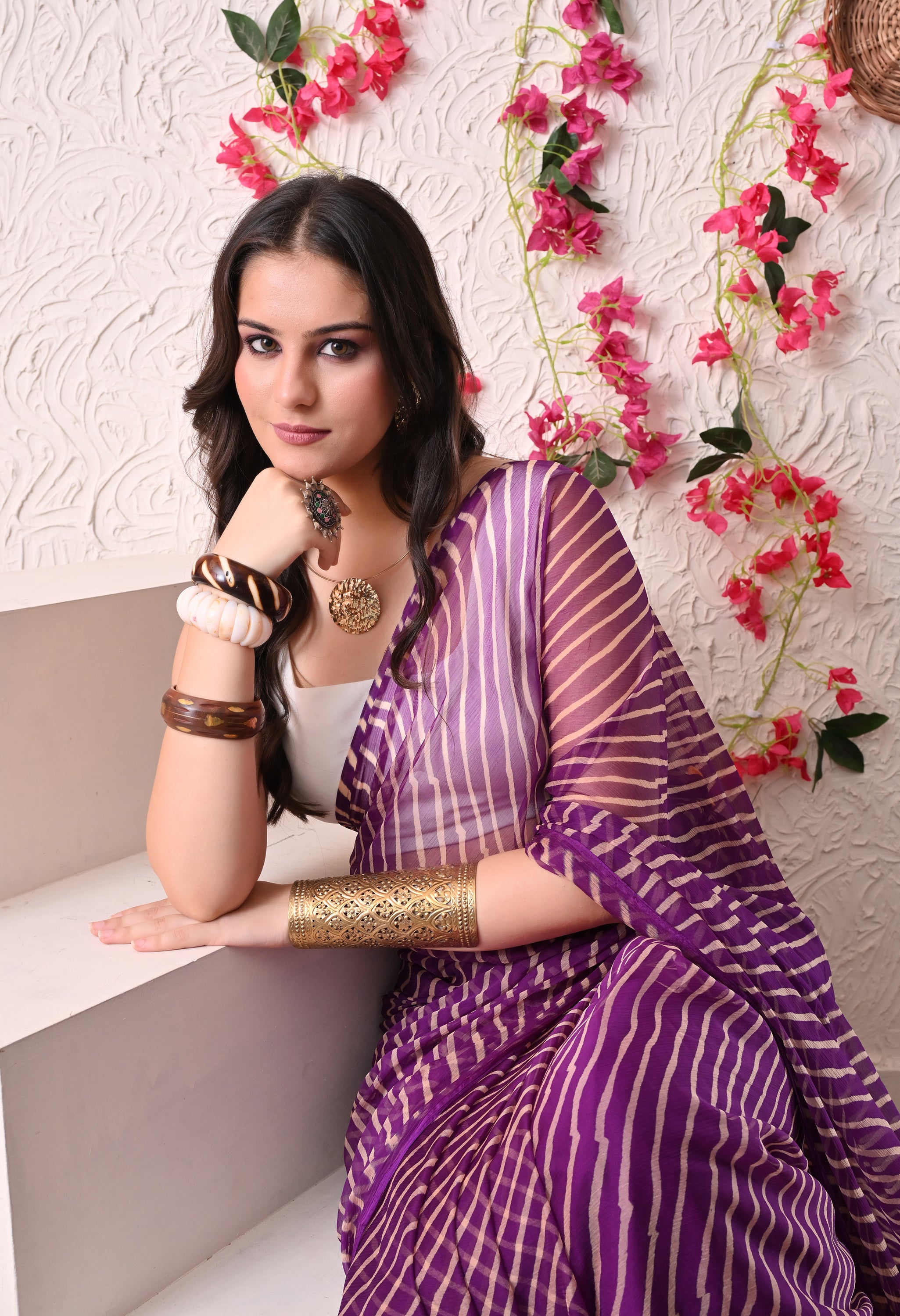 Plum Stripe Italian Chiffon Saree