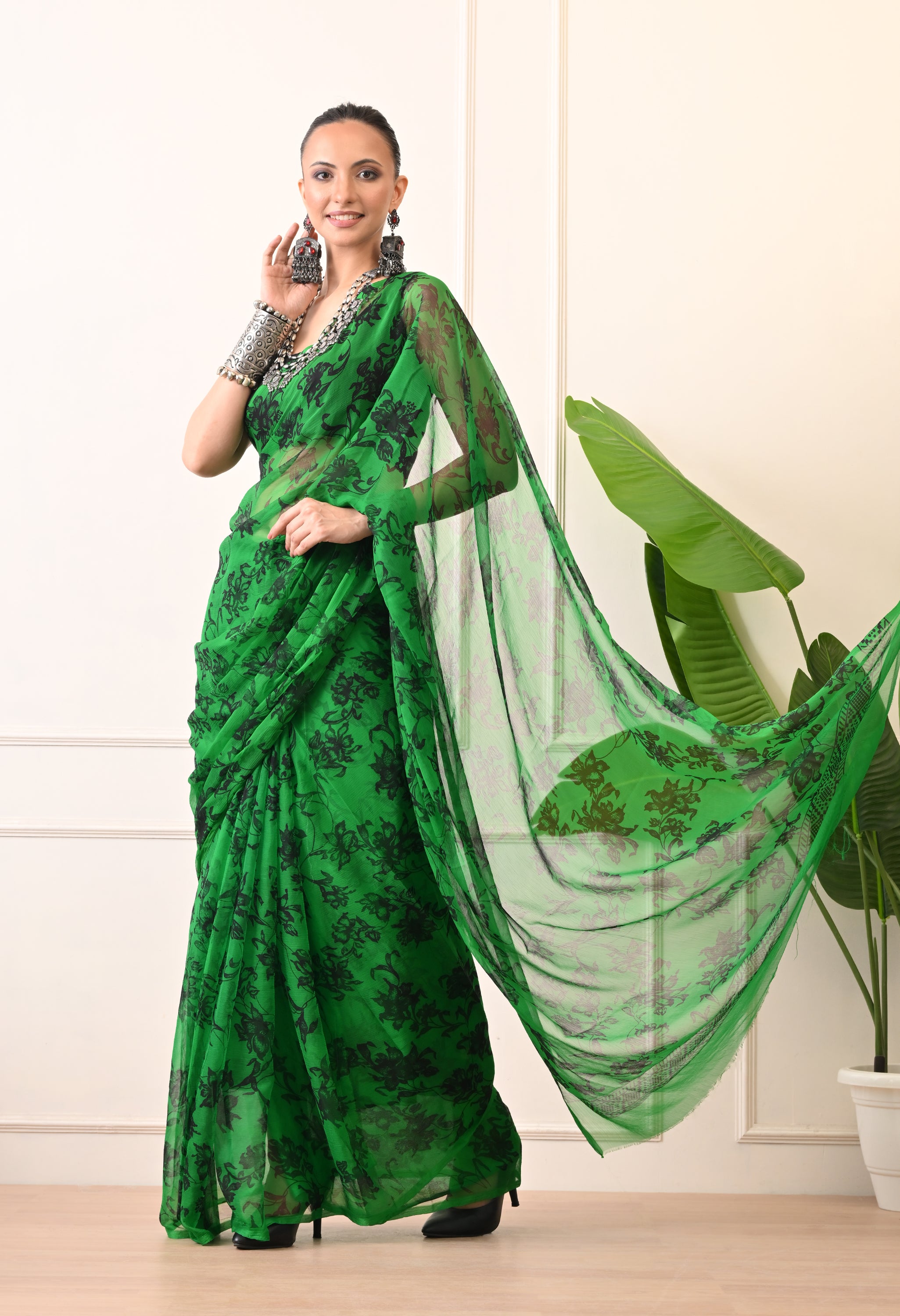 Printed Green Chiffon Saree