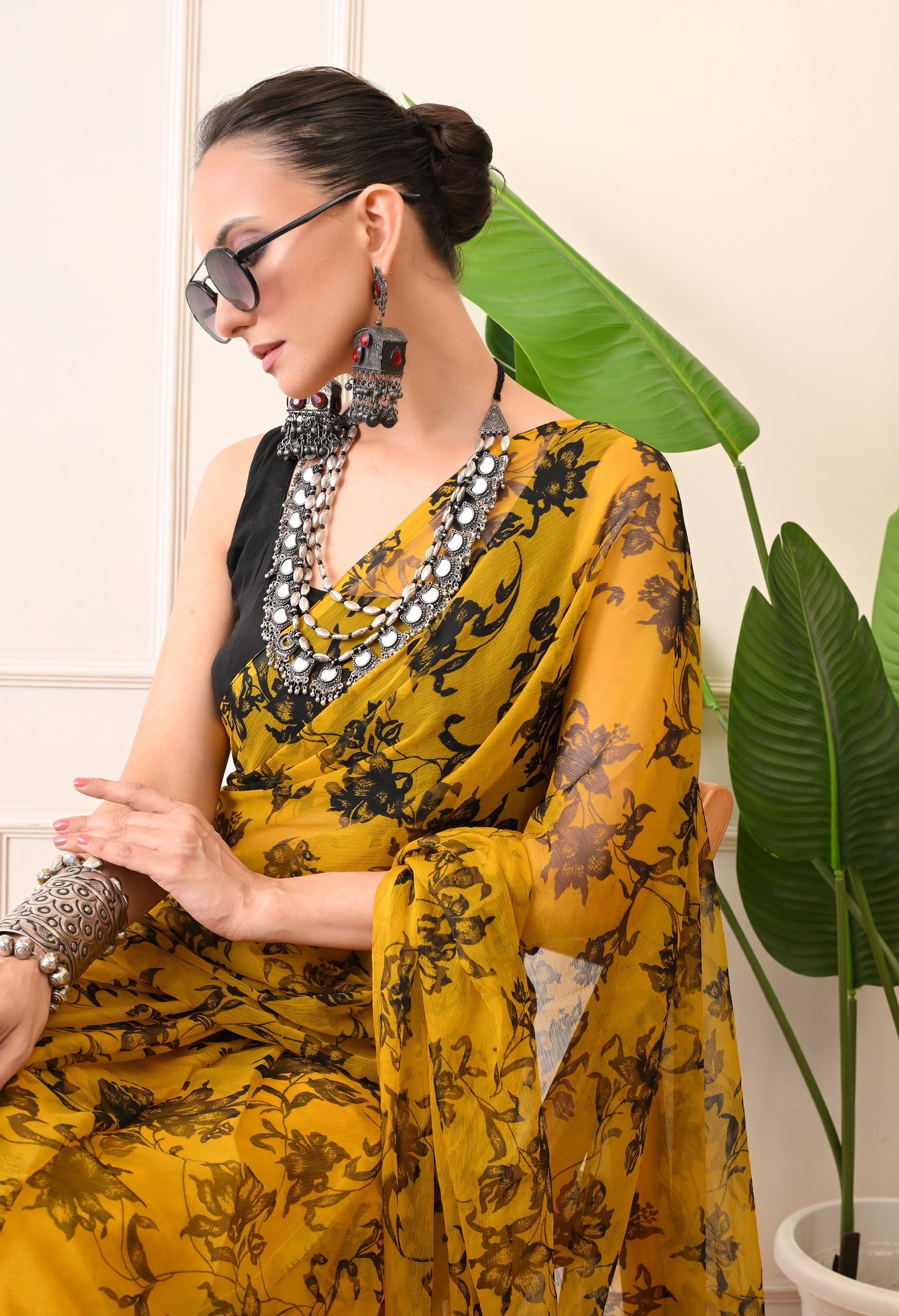 Printed Yellow Chiffon Saree