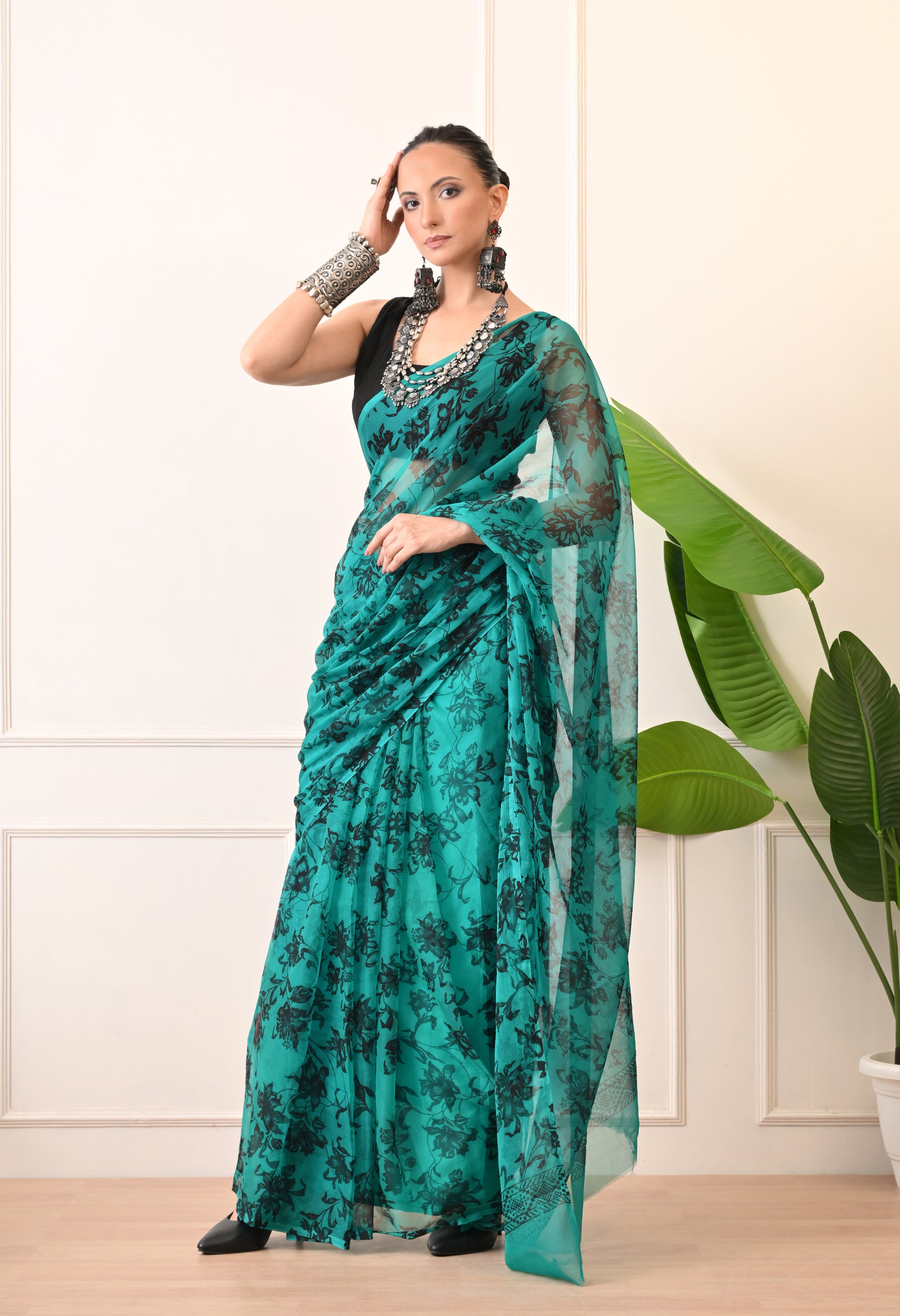 Printed Rama Chiffon Saree