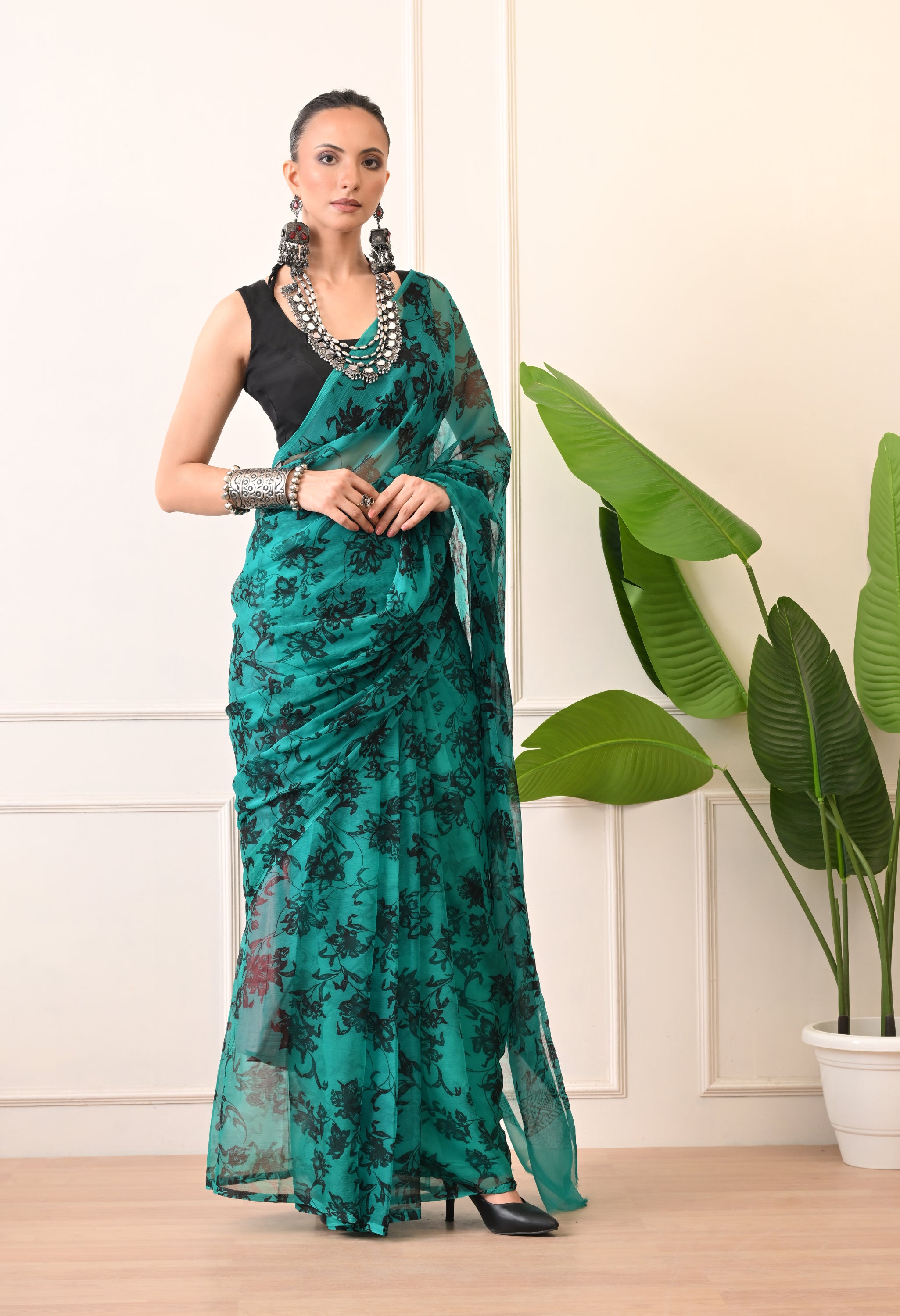 Printed Rama Chiffon Saree