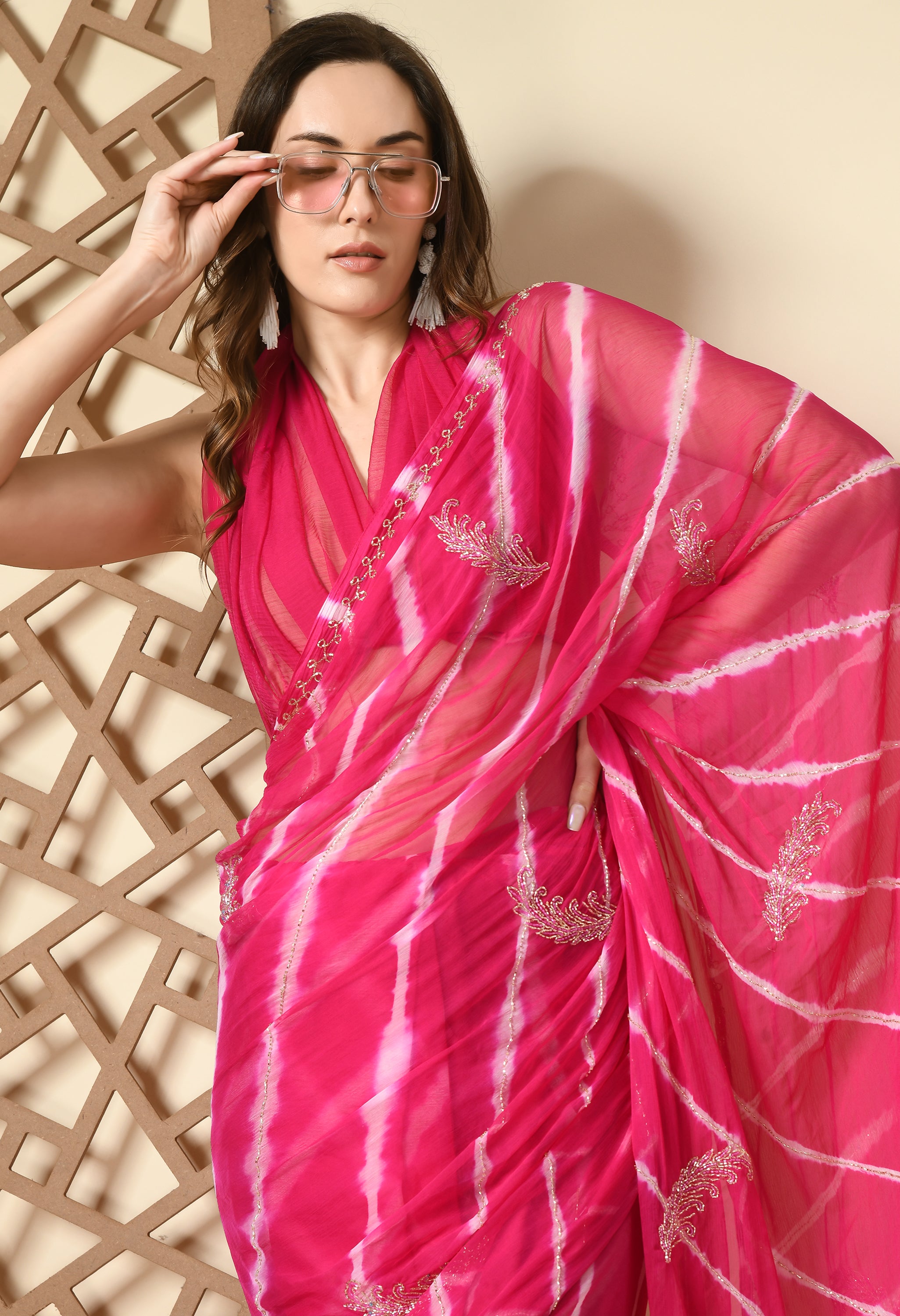 Gulab Rang Leheriya Chiffon Saree