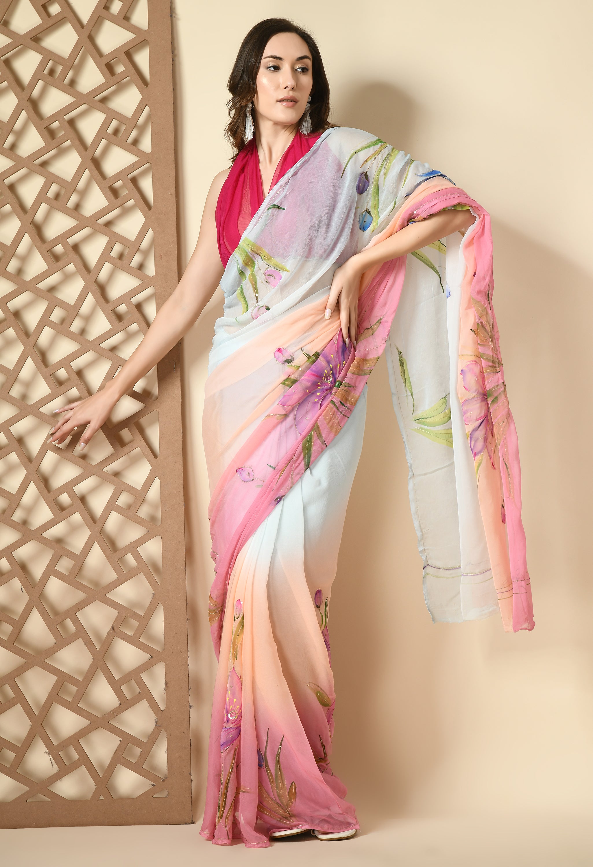 Alia Multi Hue Hand Painted Chiffon Saree