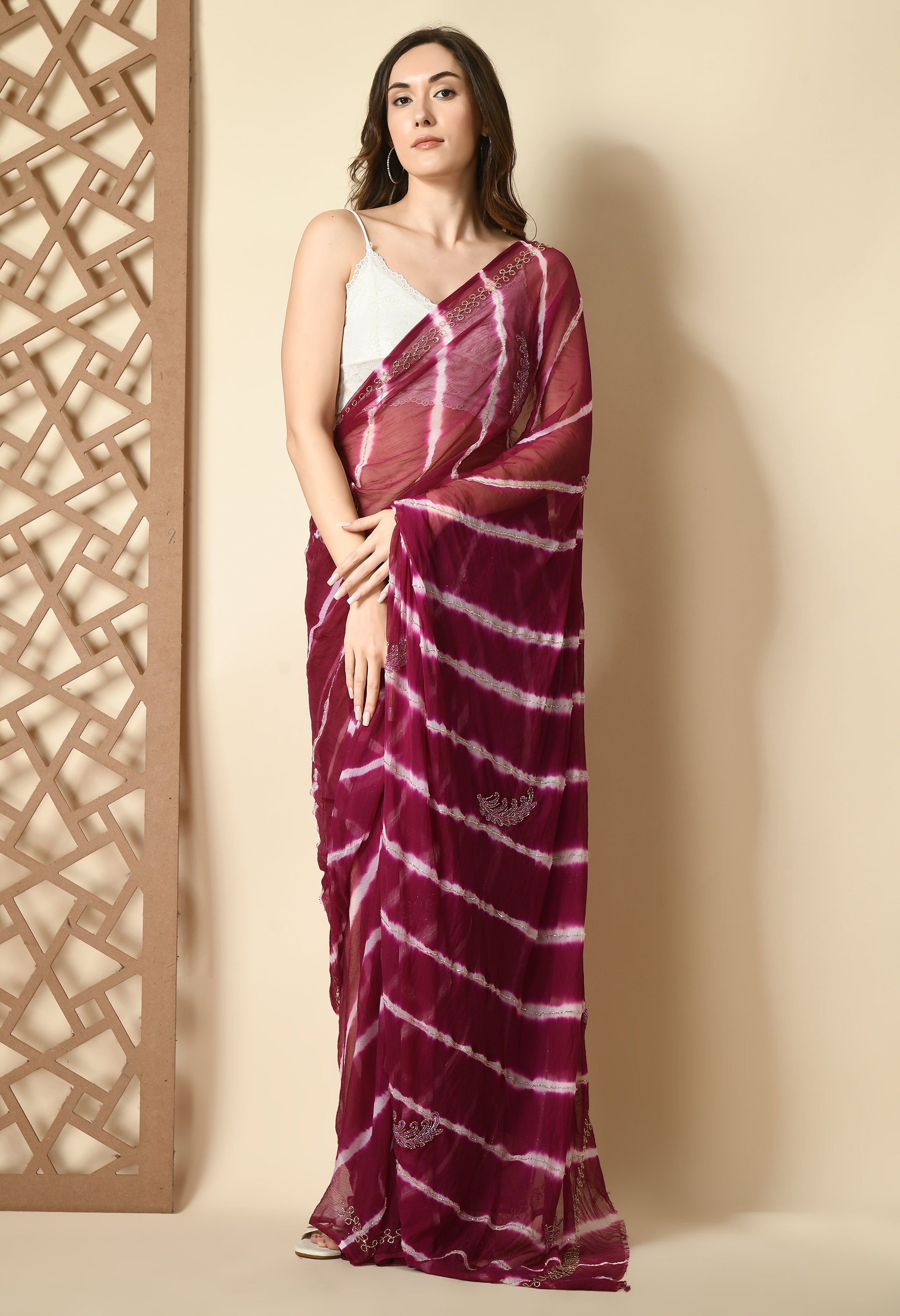 Gulab Rang Leheriya Chiffon Saree