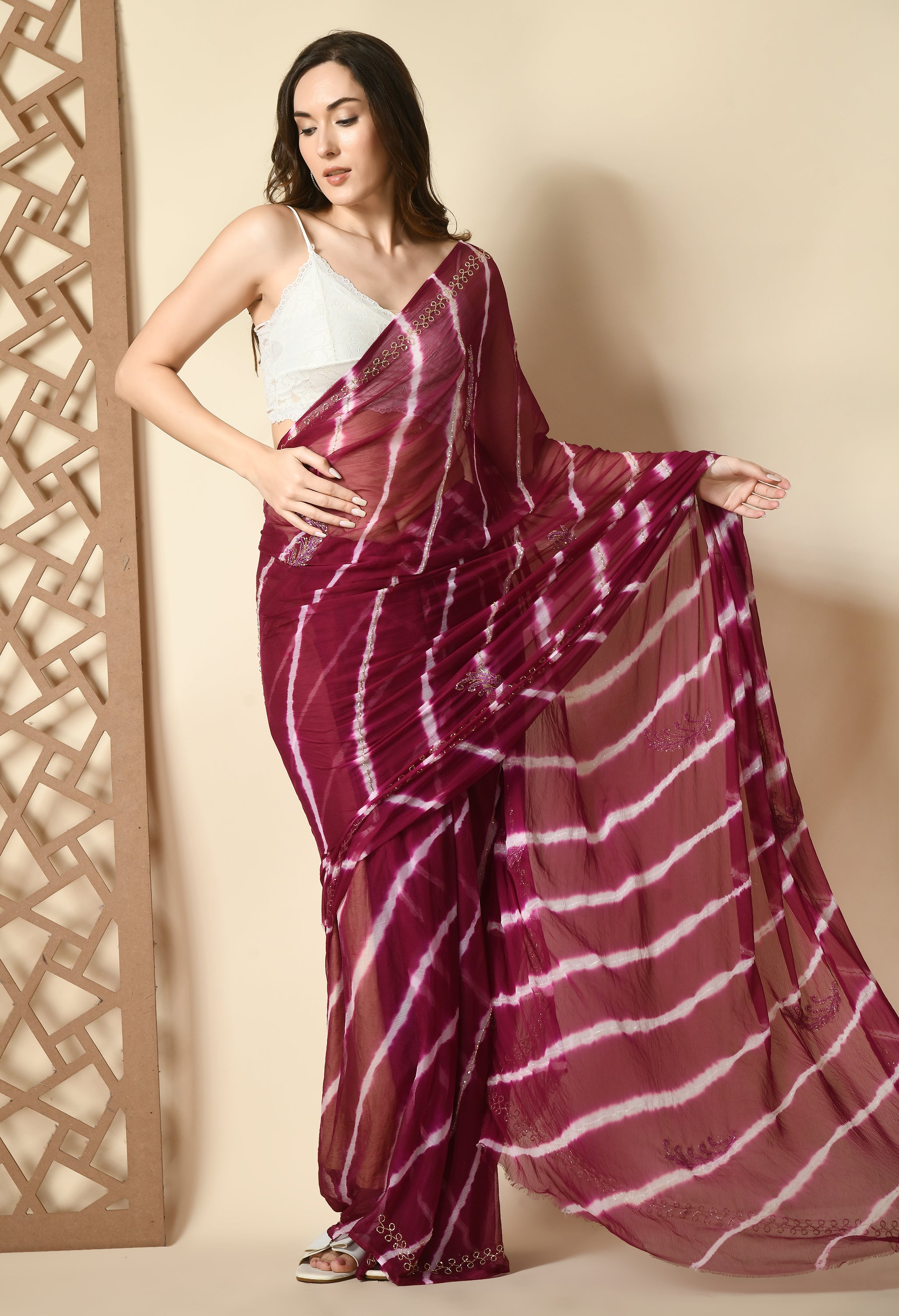 Gulab Rang Leheriya Chiffon Saree