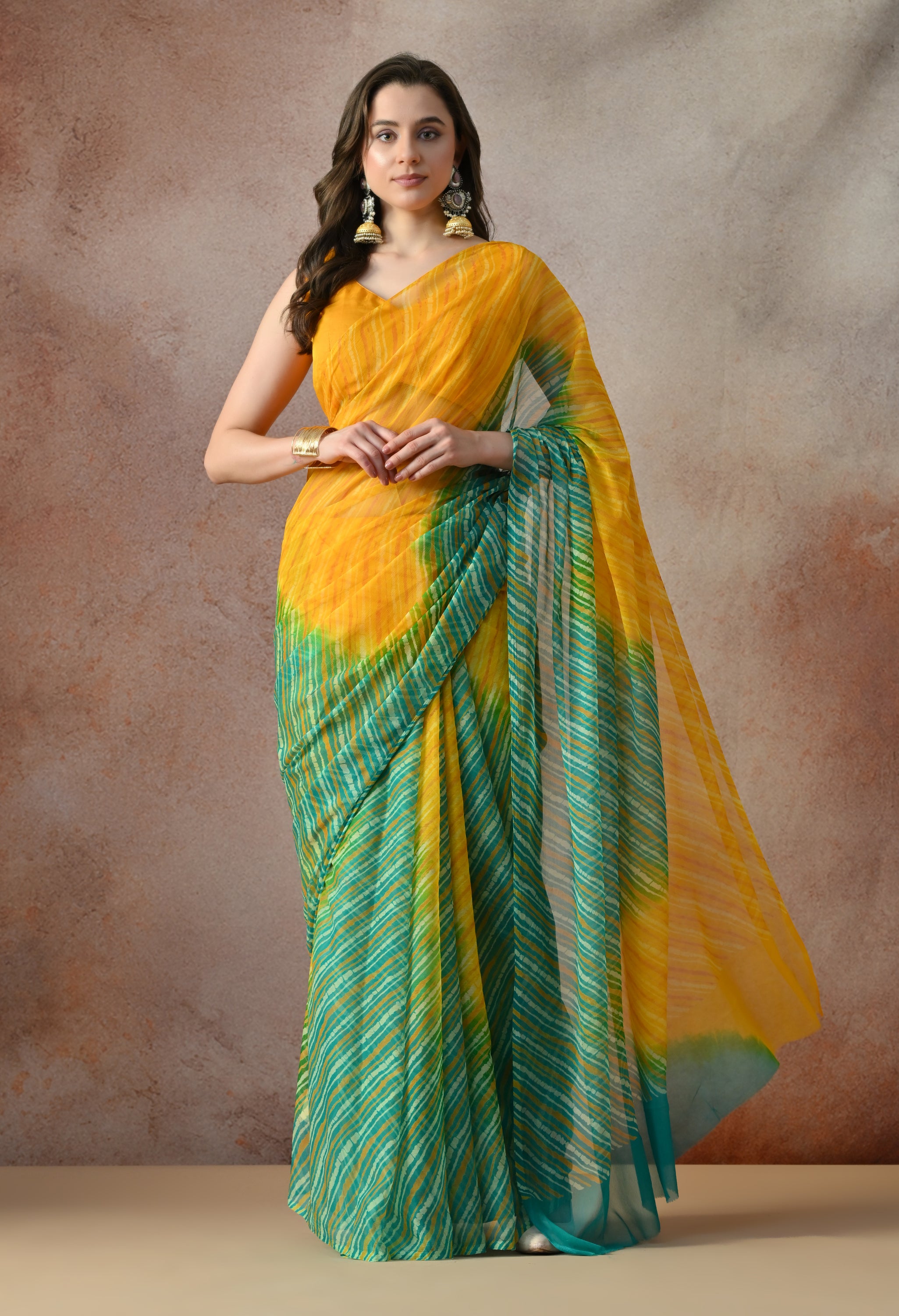 Citrus Mint Leheriya Tie & Dye Chiffon Saree