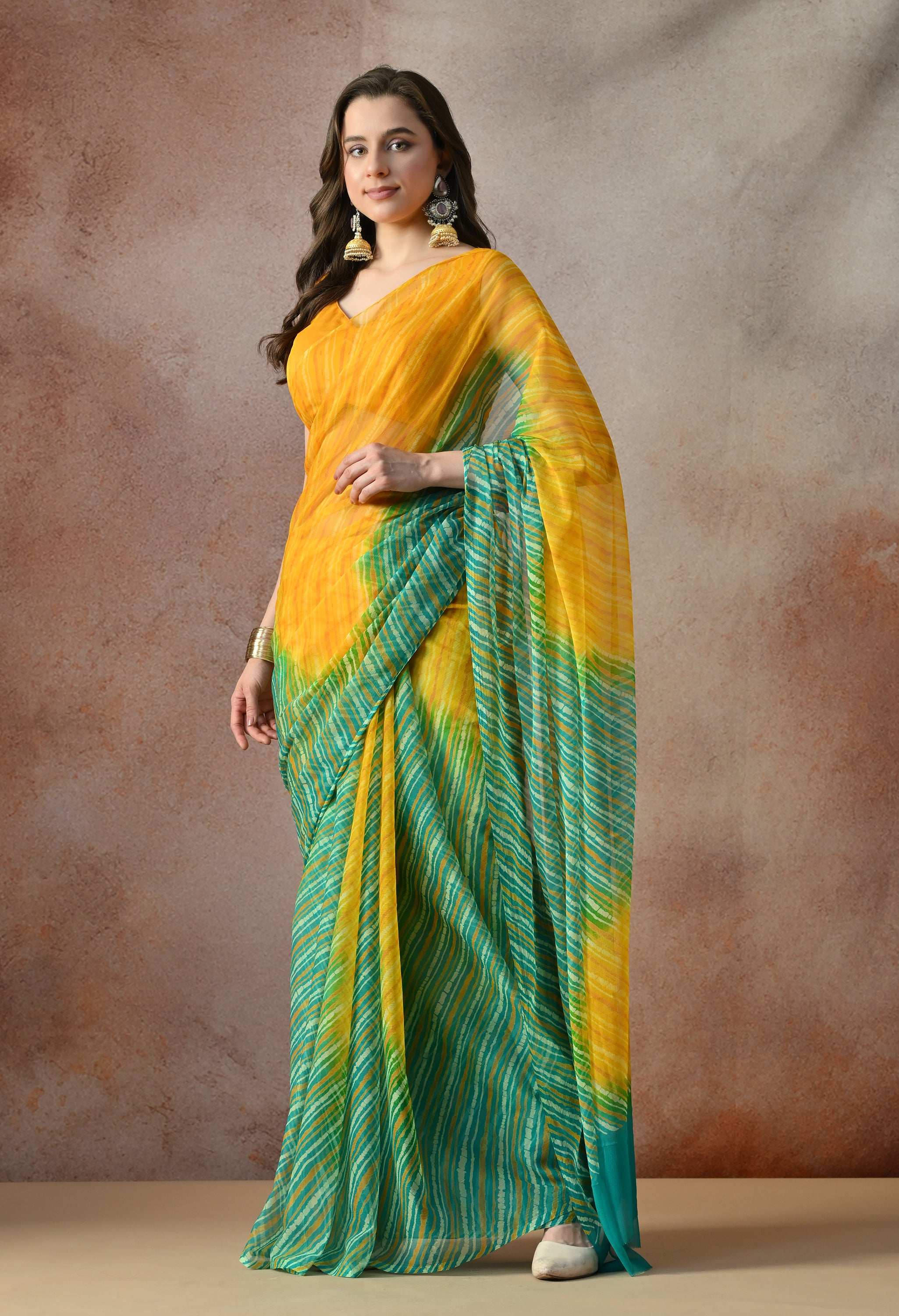 Citrus Mint Leheriya Tie & Dye Chiffon Saree
