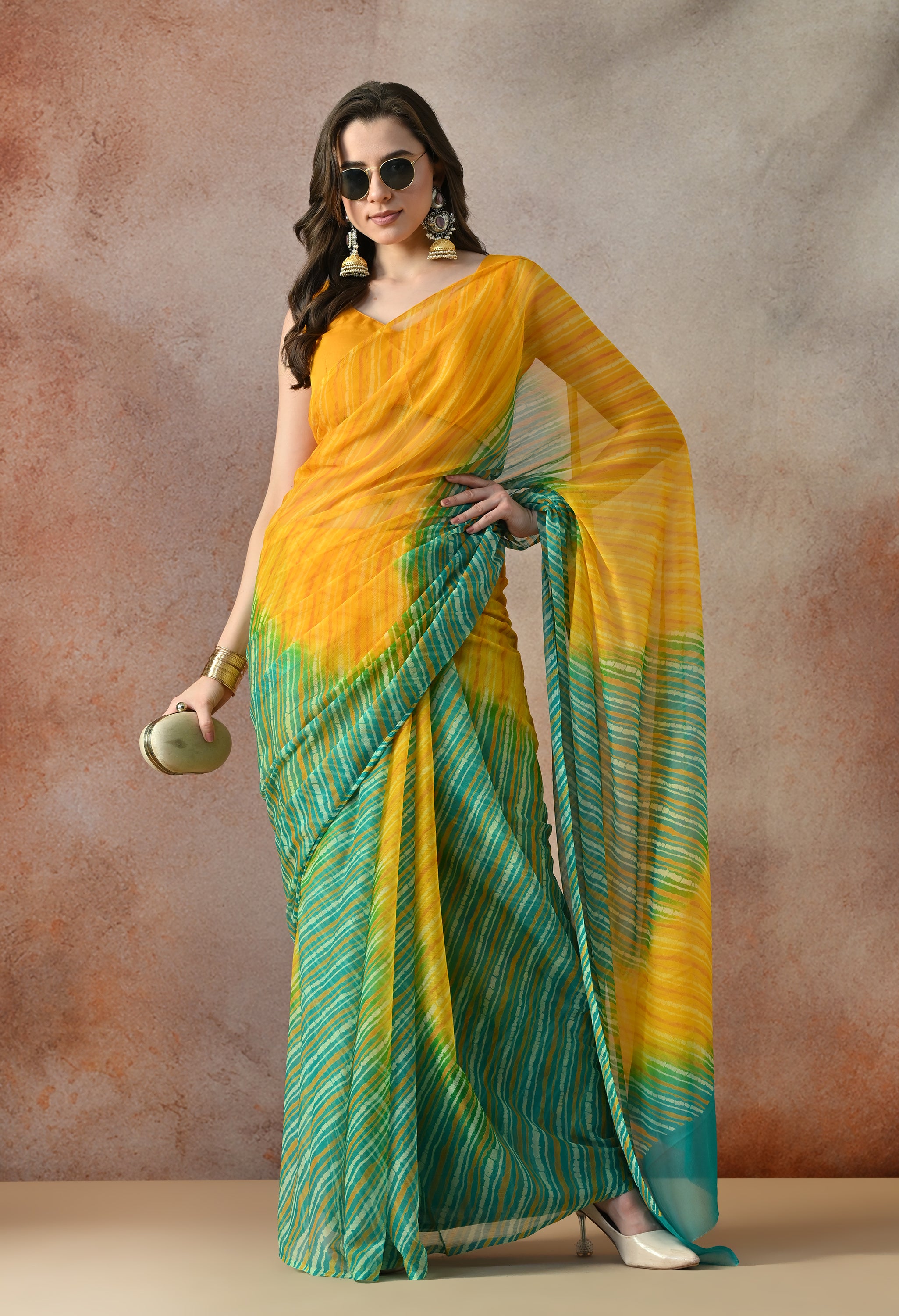 Citrus Mint Leheriya Tie & Dye Chiffon Saree
